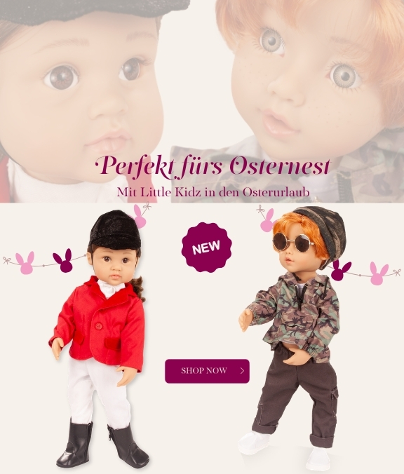 Multigelenkstehpuppen Gr. 36 cm. Ein Girl im Reitoutfit mit braunen Augen und braunem Haar und ein Junge in camouflage-Kleidung mit rotem Haar von Goetz