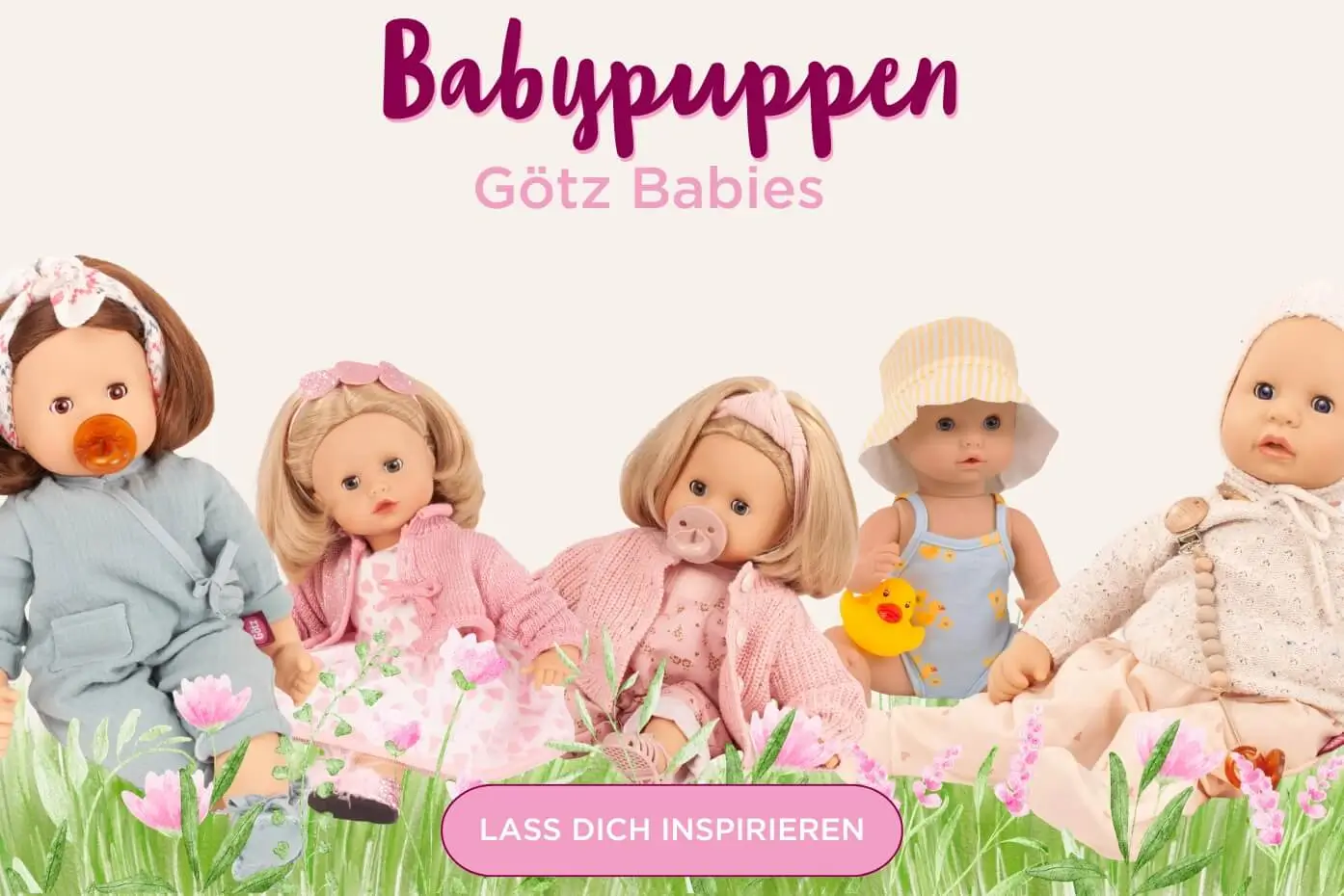 Fuenf Babypuppen in unterschiedlichen Fruehlingsoutfits