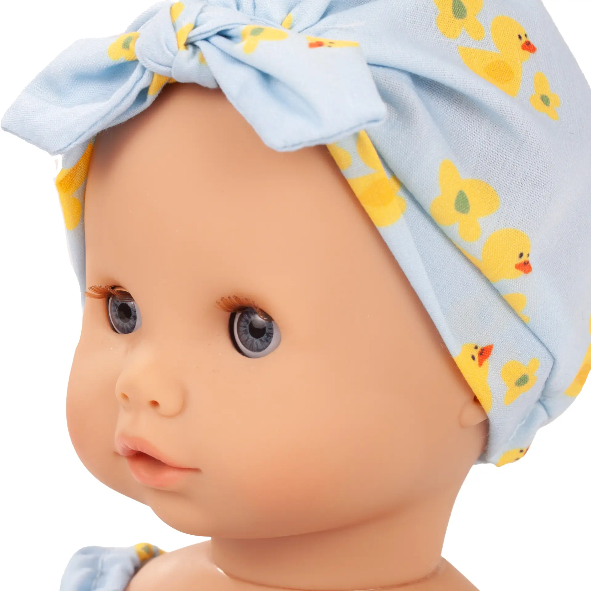 Portrait von Badepuppe Gr. 30-33 cm mit blauen Schlafaugen, ohne Haare mit Muetze von Goetz