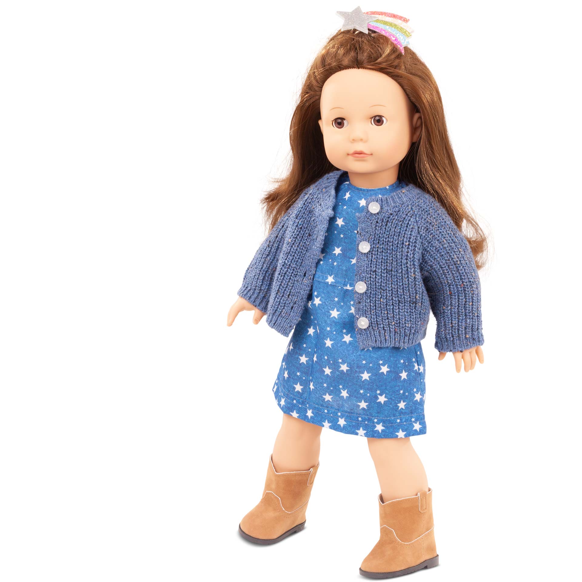 2490334-elisabeth-mein-stern-precious-day-stehpuppe-goetz elisabeth-mein-stern-precious-day-stehpuppe-goetz-weichkoerper-braunhaarig-schlafaugen-strickjacke-stiefel-kleid-haarspange