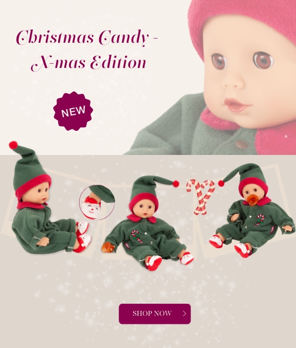 Babypuppe Gr. 33 cm in exklusivem Weihnachtsanzug mit suessen Weihnachtsmann-Schuhen von Goetz