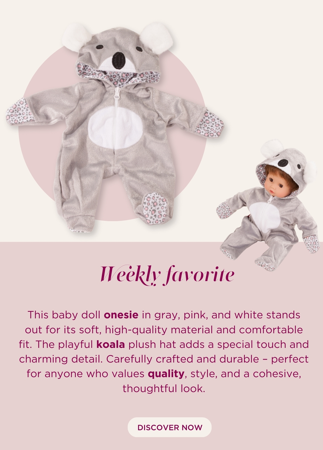 Onesie für Babypuppen Gr. 30-33 cm in grau-weiss mit Koala-Kopf Muetze und kuscheligem Stoff von Goetz