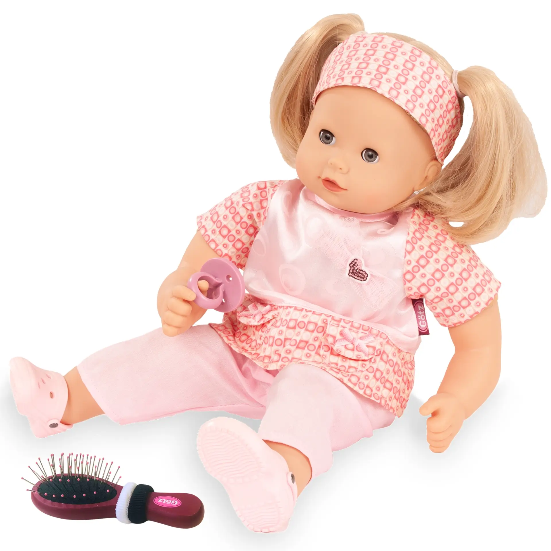 Babypuppe Gr. M mit blondem Haar, blauen Schlafaugen, rosa Bekleidungsset mit Haarband und Dollocs, Buerste mit Haargummis von Goetz