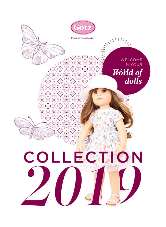 Cover of the Goetz Collection 2019 catalog with a 50 cm tall brown-haired standing doll and a butterfly drawing in the background