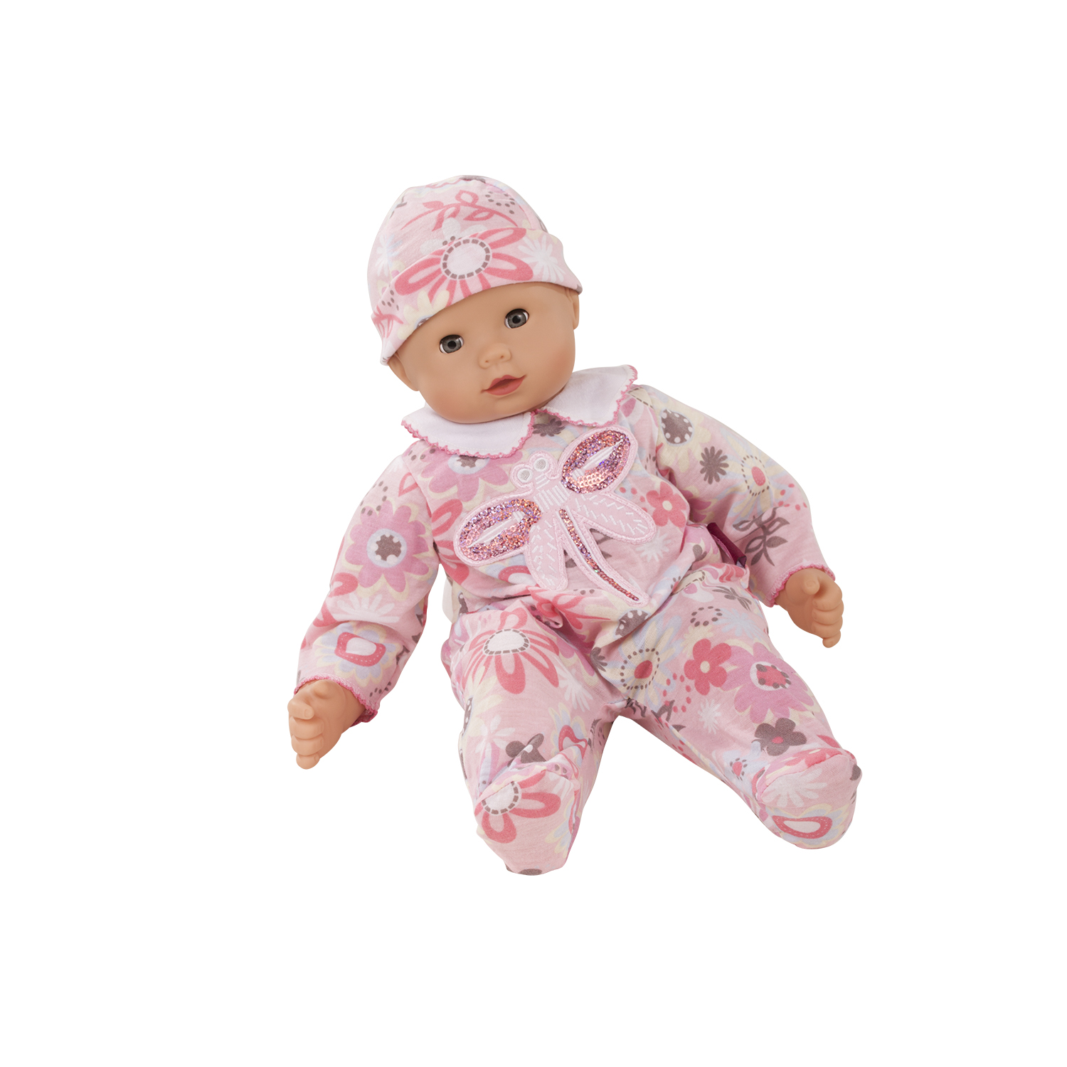 42 cm grosse Babypuppe traegt Strampler und Muetze mit Blumenmotiv