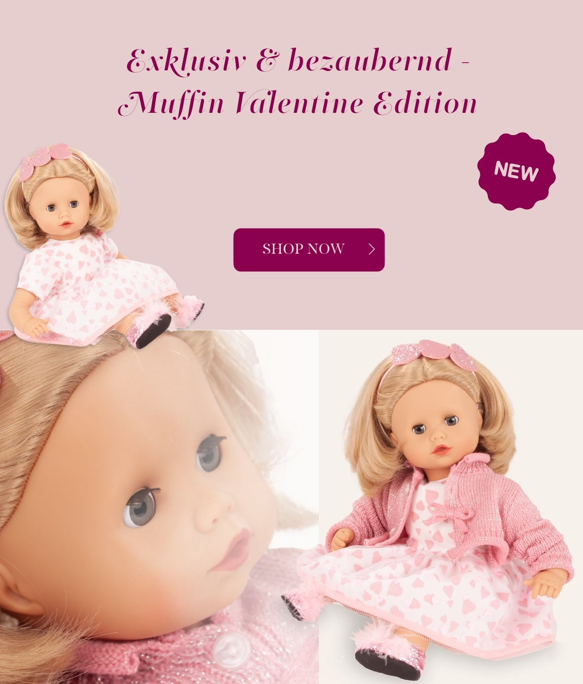 Babypuppe Gr. 30-33 cm mit blonden Haaren und blauen Schlafaugen. Sie ist eine Sonderedition mit rosa-weissem Kleid und rosa Glitzer-Strickjacke von Goetz