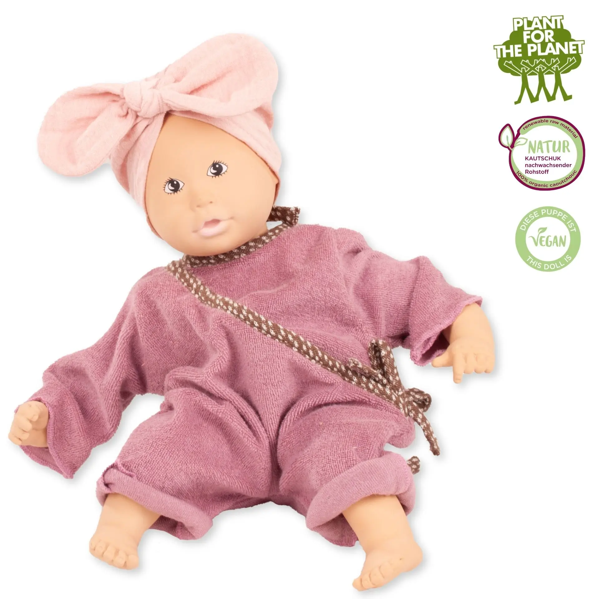 Babypuppe 33 cm aus Naturkautschuk und vegan mit gemalten Augen und einem Frotteeanzug und Kopfbedeckung von Goetz