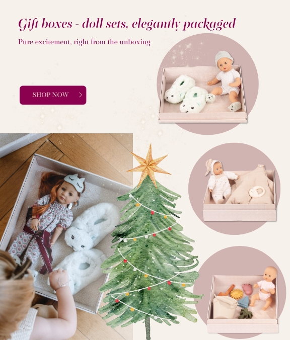 Geschenkboxen mit Babypuppe, Badepuppe oder Erstlingspuppe schick verpackt im Set von Goetz