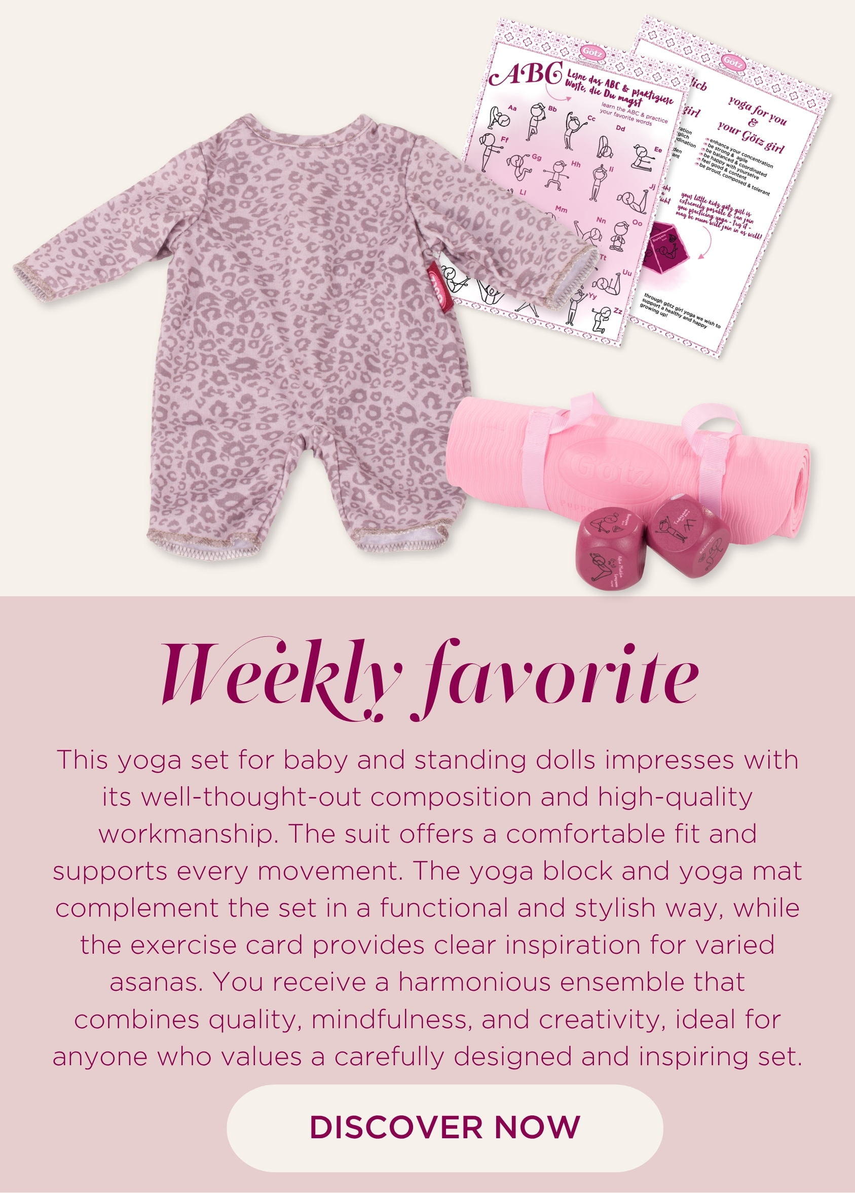 Yoga Set Graue Katze fuer Babypuppen Gr. 30-33 cm und Stehpuppen 36 cm. Besteht aus einem rosa-grau getigertem Anzug mit Yoga-Uebungswuerfel und Yoga-Uebungsfibel, noch dazu eine Yogamatte von Goetz