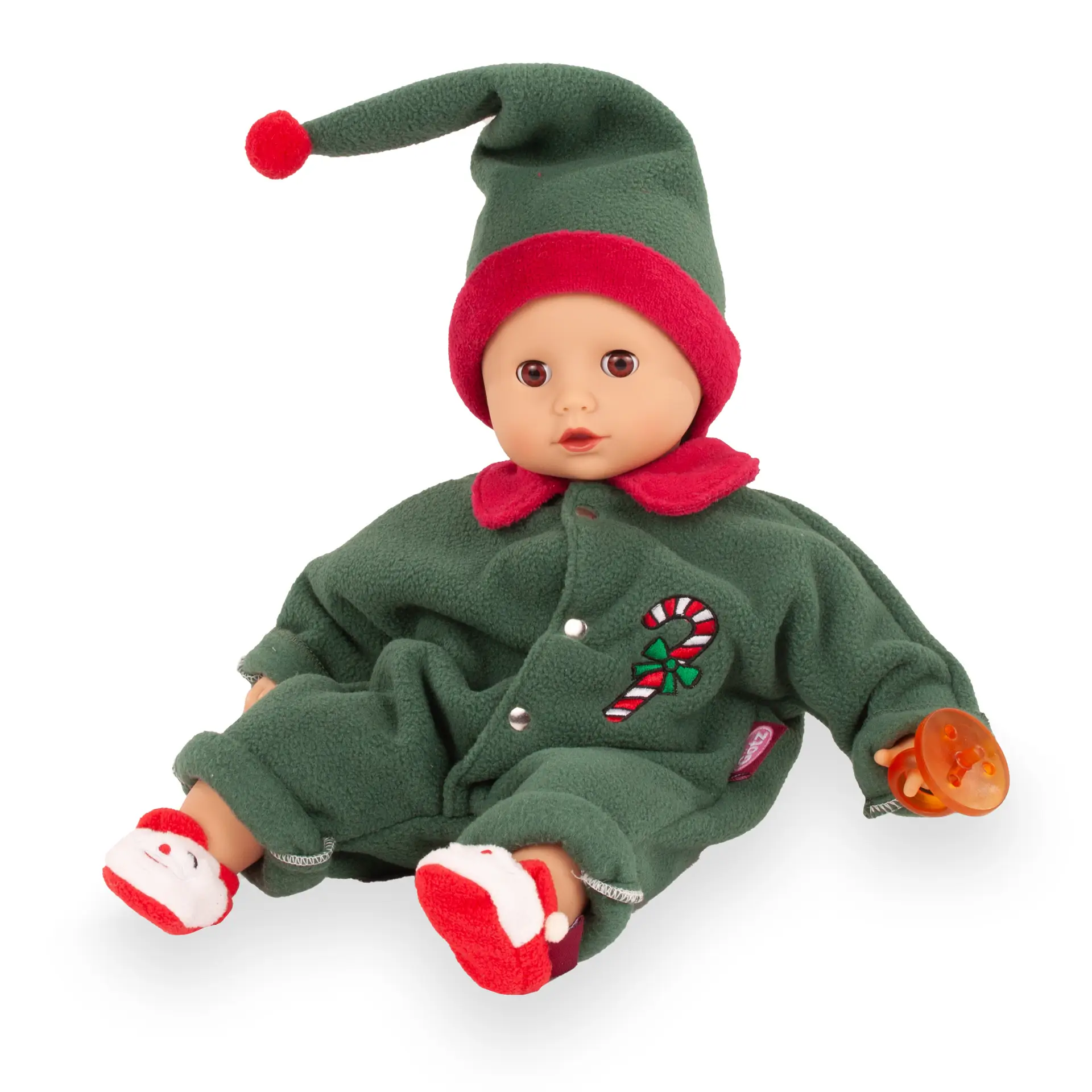 Babypuppe Gr. 30-33 cm ohne Haare mit braunen Schlafaugen im gruen-roten Fleece-Anzug. Die Puppe traegt noch eine Zipfemuetze und witzige Weihnachtspuschen - von Goetz