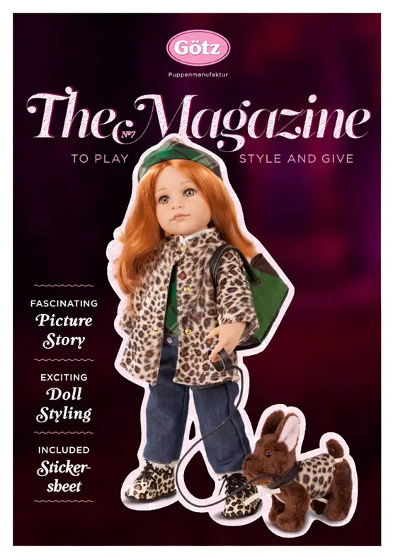Cover of Goetz Dolls Magazine No 7 with a standing doll 50 cm tall with red hair and a plush dog