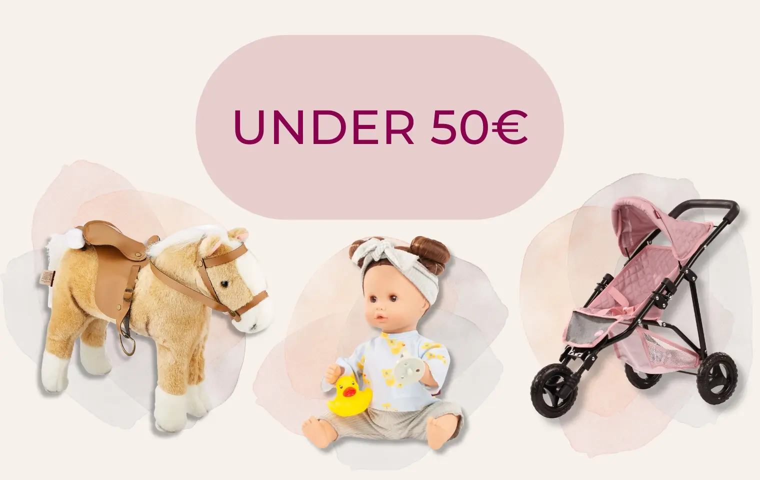 Gift ideas under 50 euro: brown plush horse, 30 cm baby doll in summer outfit and pink doll stroller