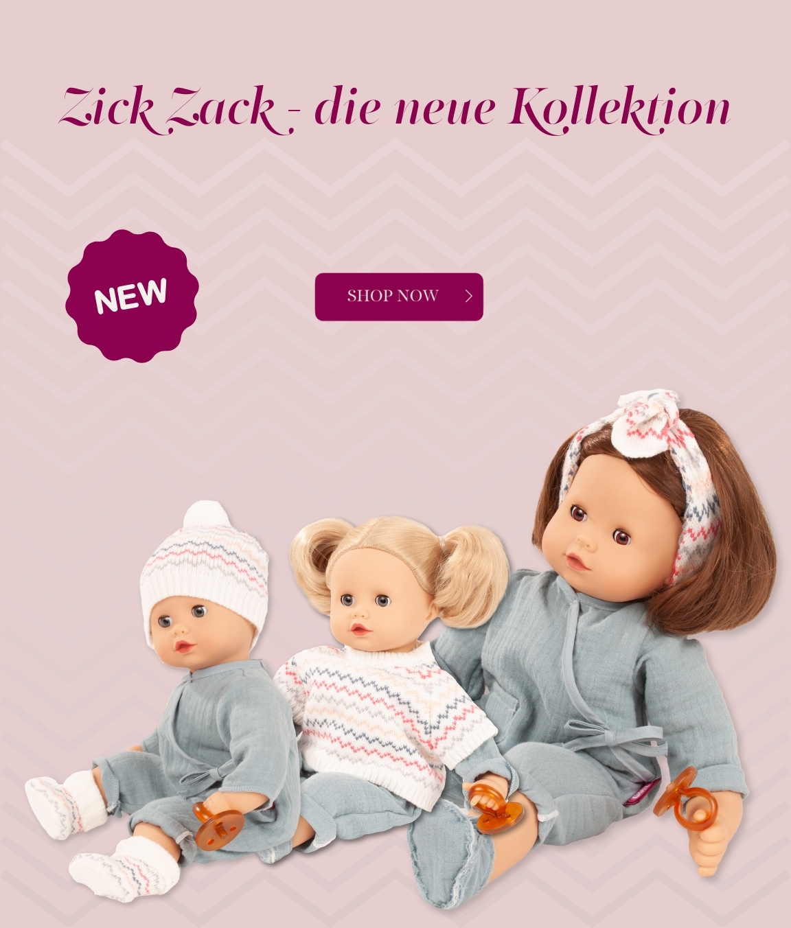 Babypuppen Gr. 30-33 cm und 42 cm in hellblauen Anzügen mit Stick-Accessoires im Zick Zack-Design von Goetz