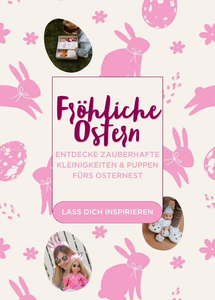 Goetz Osterbanner mit Hasen-Skizzen im Hintergrund sowie Bildern von Kindern mit Puppen