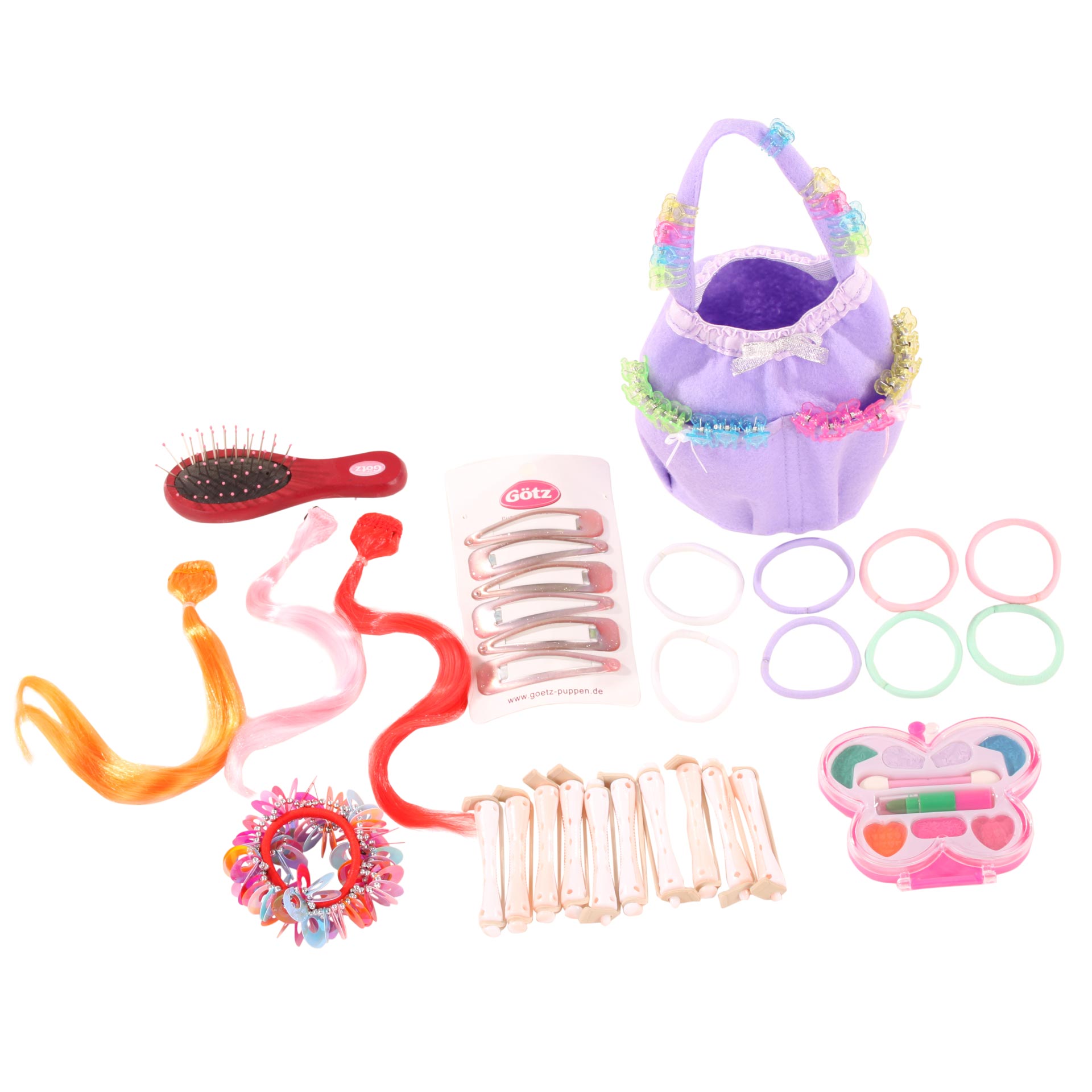 haarwerk-zubehoer-tasche-haarclips-haarbuerste-schminkset-haarstraehnen-lockenwickler-haargummis-haarspangen-halsband