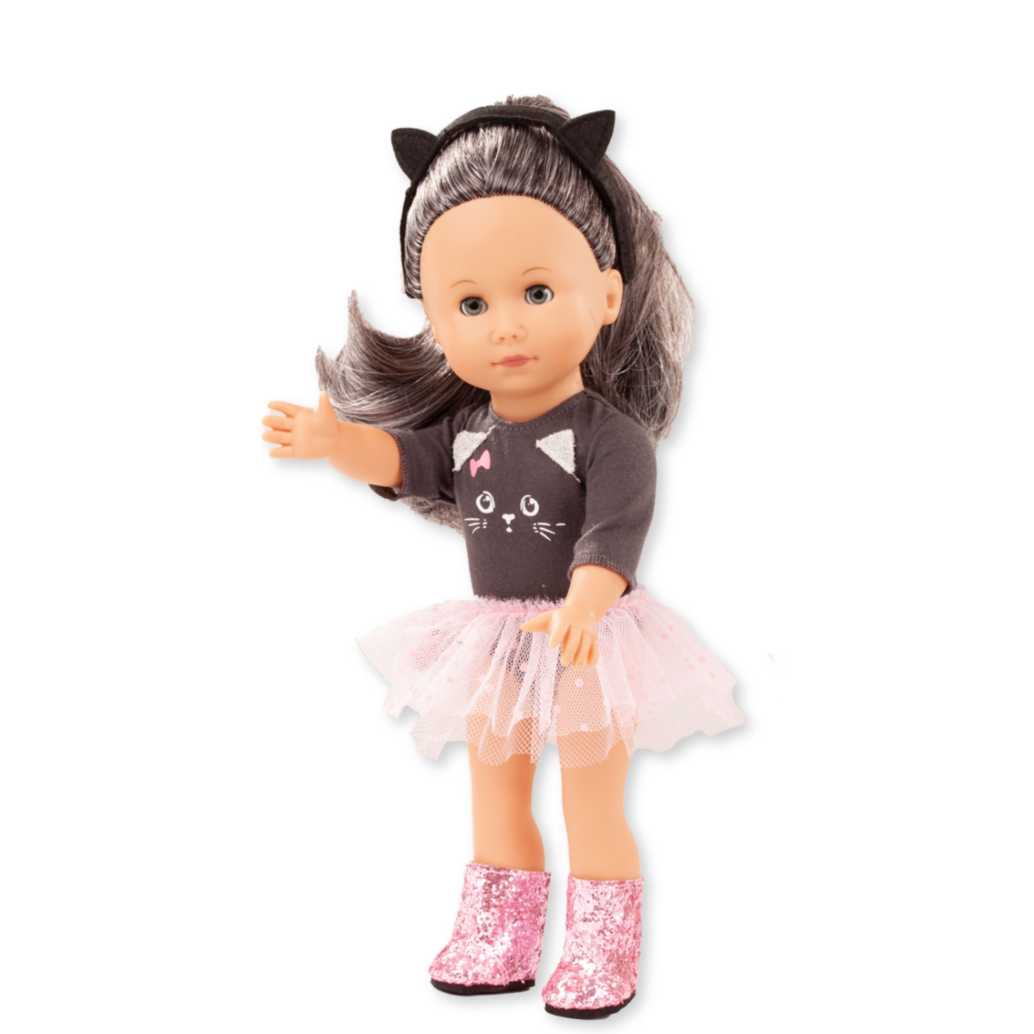 Stehpuppe Gr. 26 cm mit langem schwarz-grau gestraehntem Haar und blauen Schlafaugen im Glitzer-Katzen Outfit und Katzen-haarreif von Goetz