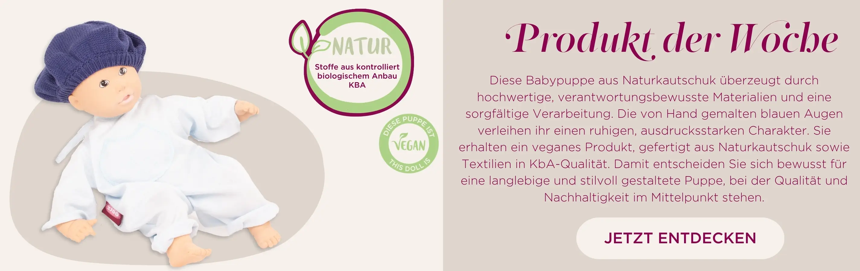 Badepuppe Gr. 30-33 cm aus Naturkautschuk, vegan in einem blau-weiss geringelten Strampler mit blauer Strickmuetze in kbA-Qualitaet von Goetz