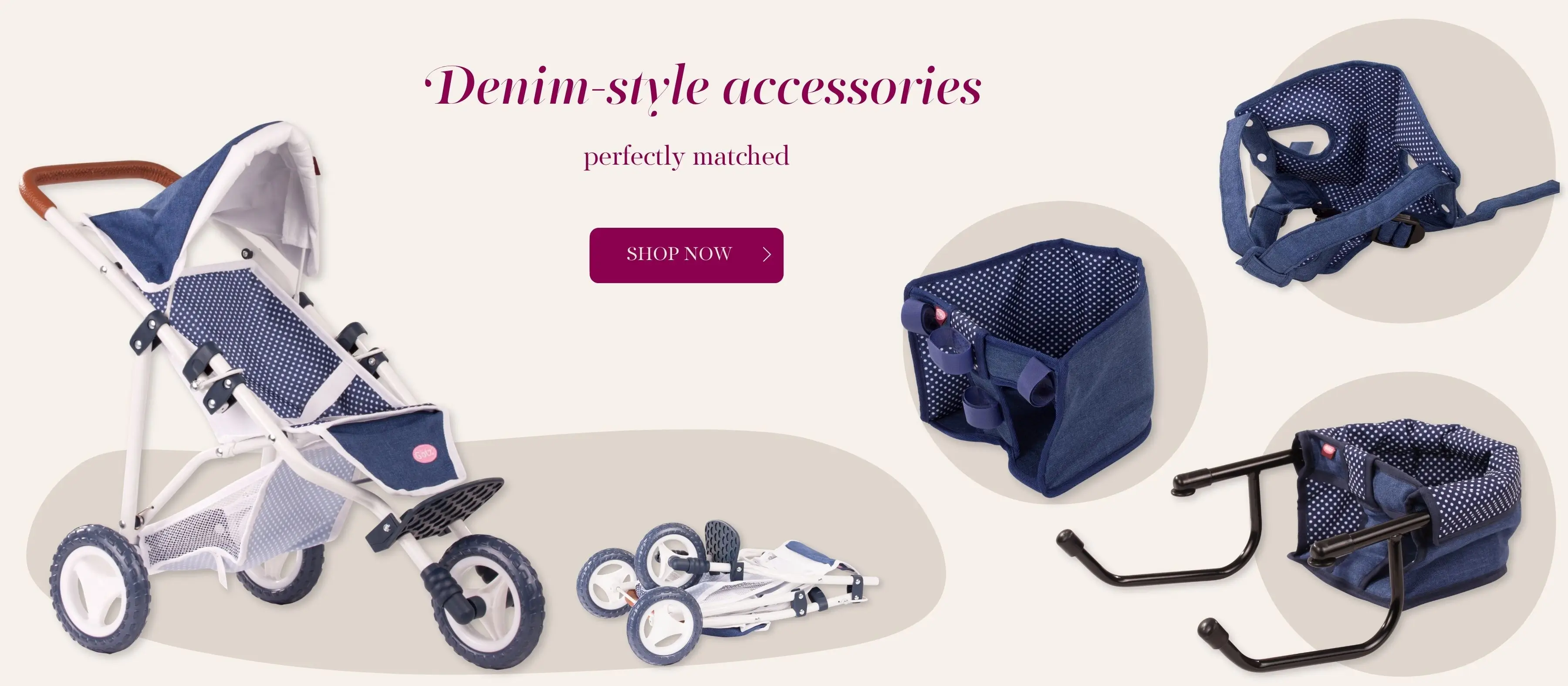 Puppenwagen, Fahrradsitz, Bauchtrage und Tischsitz in Denim von Goetz
