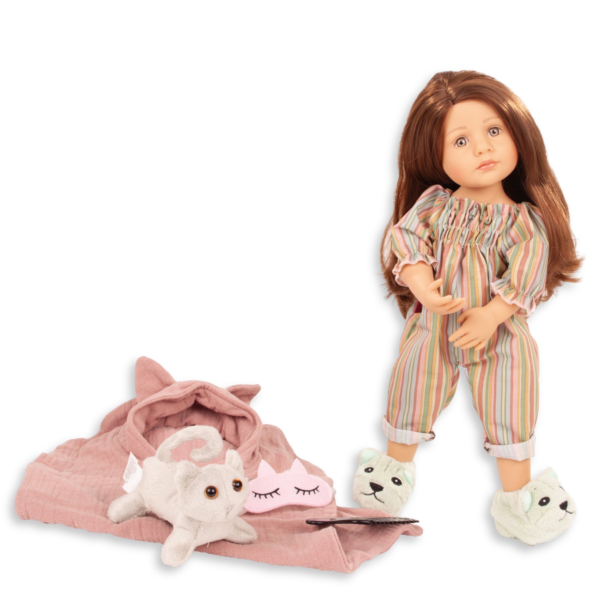 2511042 Little Kidz PJ Party Multigelenkstehpuppe Goetz Stehpuppe Gr. 36 cm mit gestreiftem Overall Hausschuhen für Puppe und Kind im edlen Geschenkkarton Geschenkset