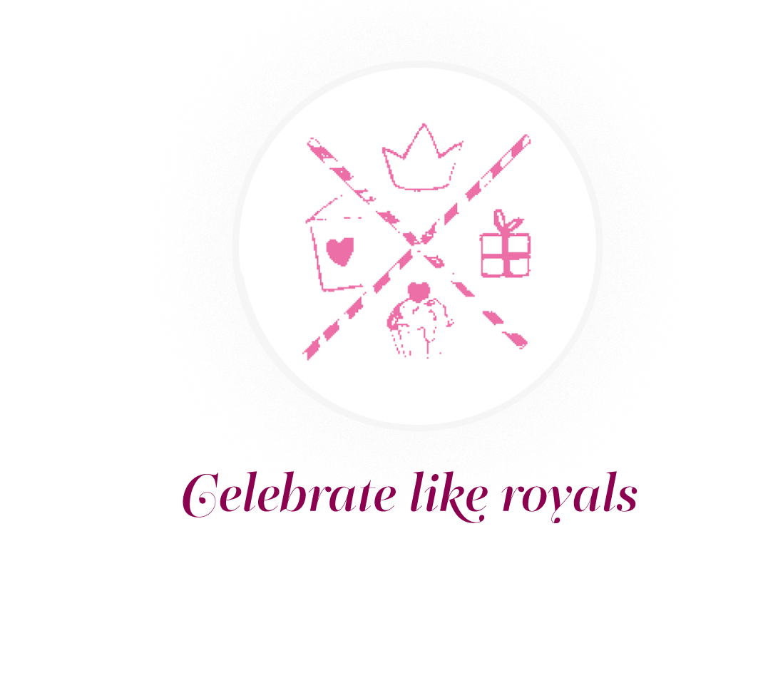 Logo with pink symbols of a crown a heart a gift and a horse along with the text celebrate like royals