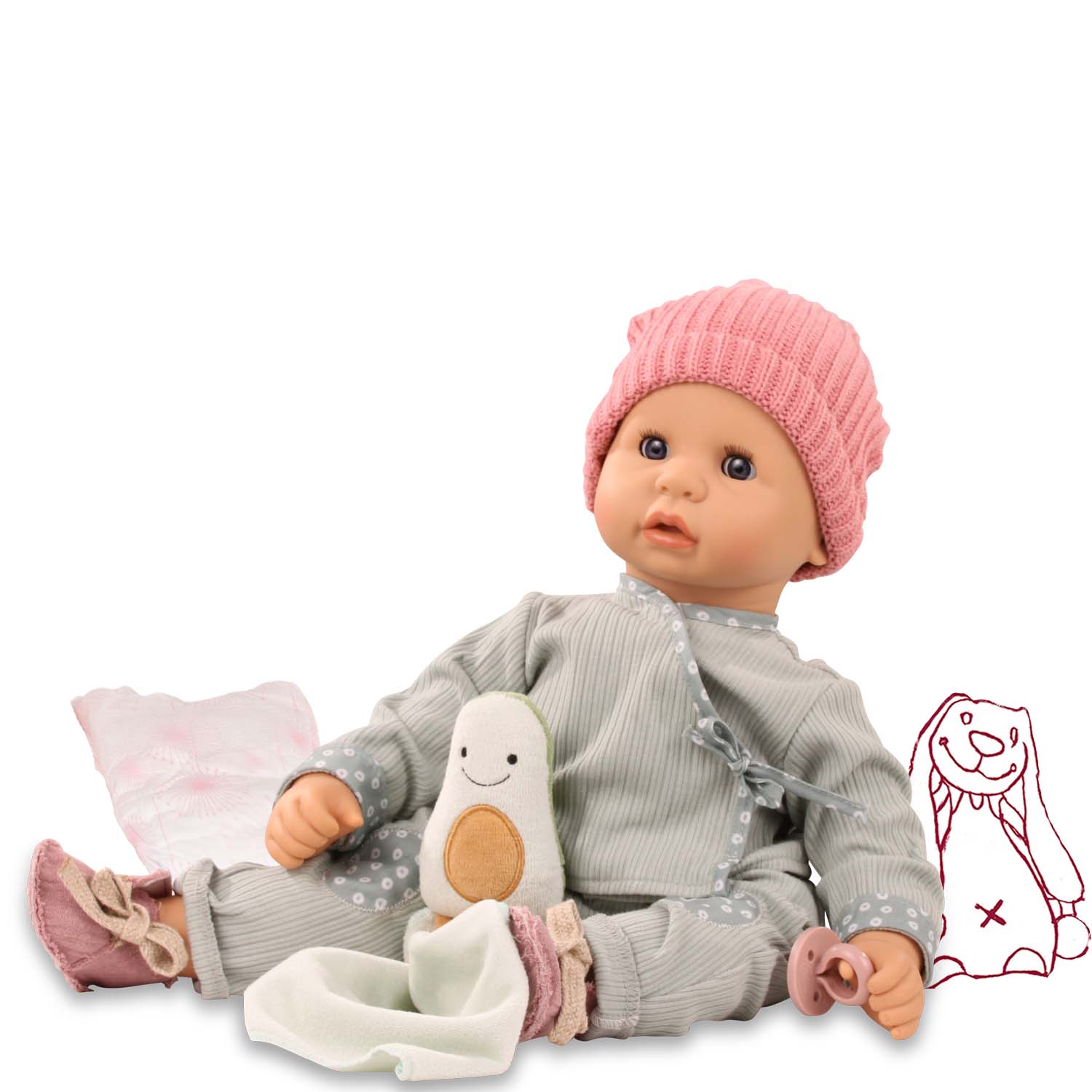 2261053-cookie-avocado-babypuppe-goetz cookie-avocado-babypuppe-goetz-schlafaugen-kuschelavocaco-windel-zweiteiler-stoffschuhe-strickmuetze-schnuller