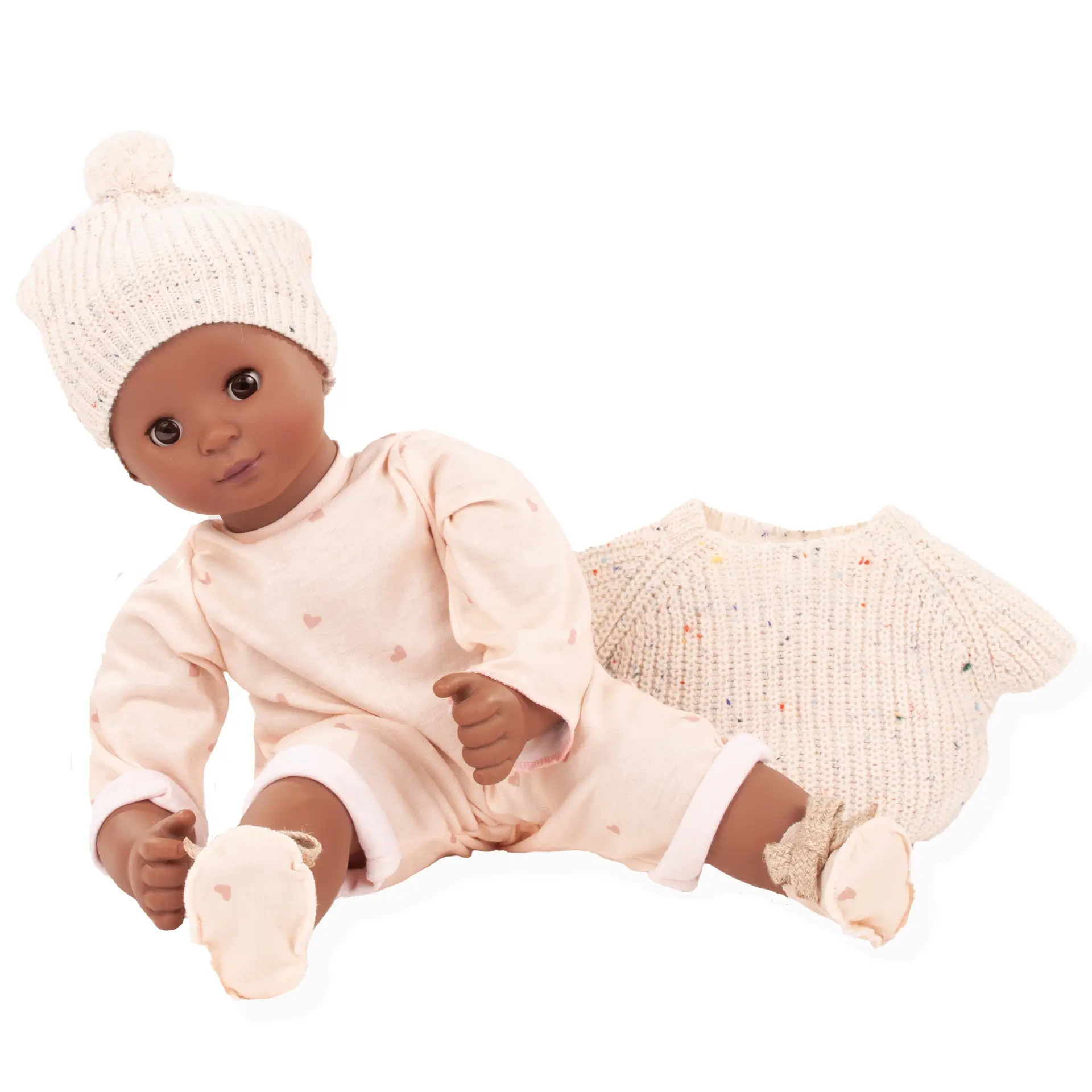maxy-muffin-alles-strick-babypuppe-goetz-strickpullover-anzug-strickmuetze-stoffschuhe-braune-augen-schlafaugen-ohne-haare