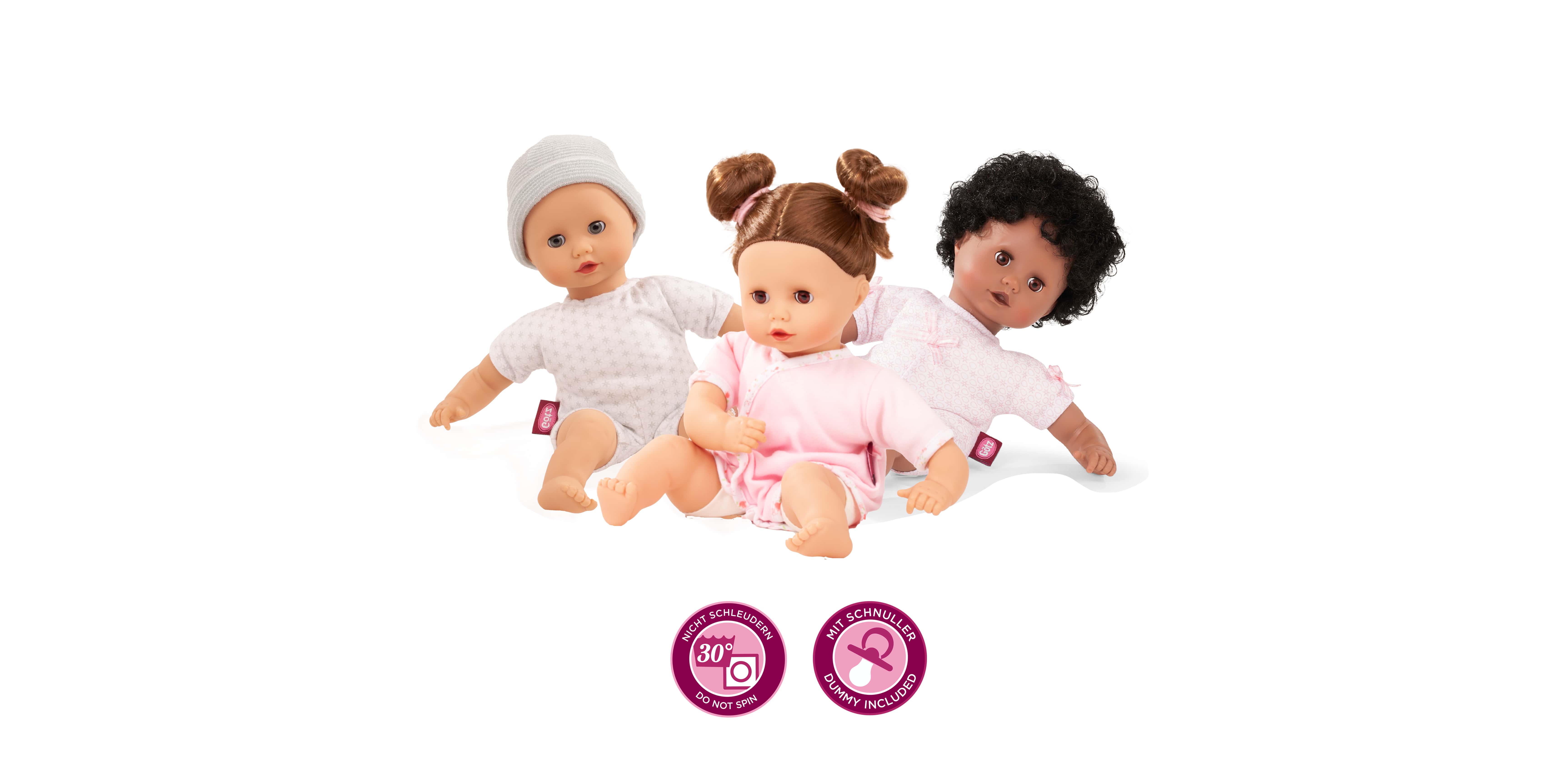 Muffin Babypuppe Goetz Drei 33 cm große Babypuppen mit und ohne Haare mit Weichkoerper mit Vinylarmen und -beinen in Unterwaesche mit Schlafaugen