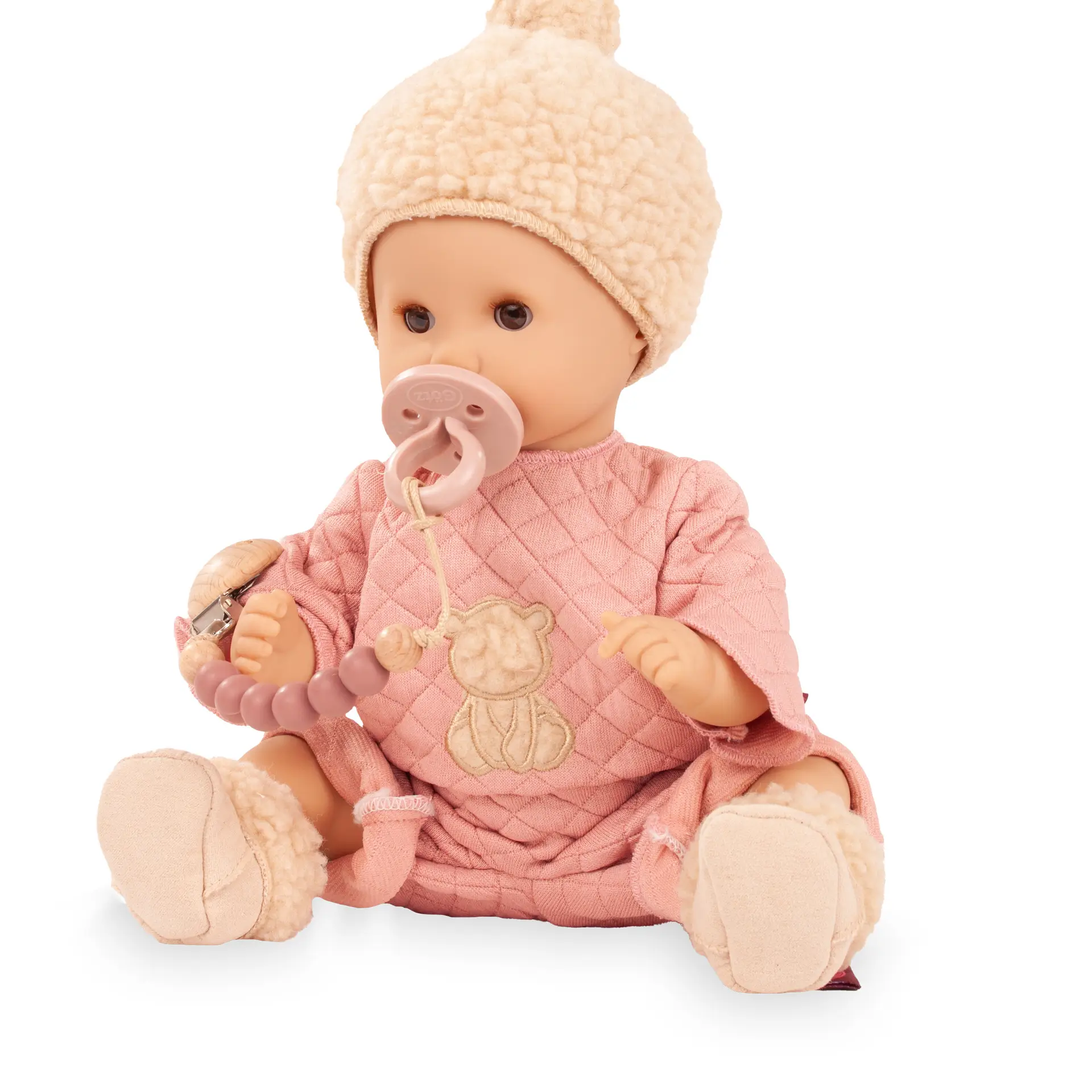 Badepuppe Sleepy Aquini Baerig mit braunen Schlafaugen Gr. 30 cm mit einem abgesteppten Anzug, Plueschboots, einer Plueschmuetze und Schnuller mit Schnullerkette von Goetz