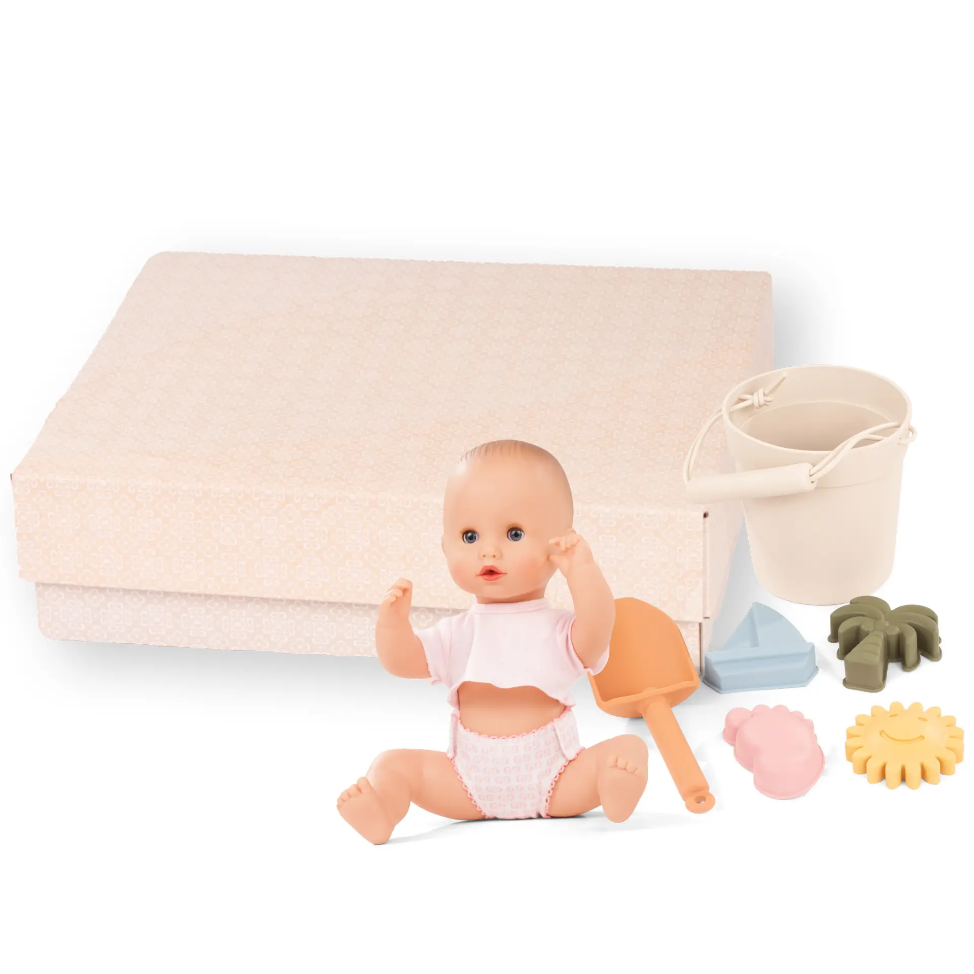 Badepuppe Girl mit Schlafaugen Gr. 30 cm in Geschenkbox und Strandspielzeug Schaufel Eimer und vier Foermchen in Geschenkbox