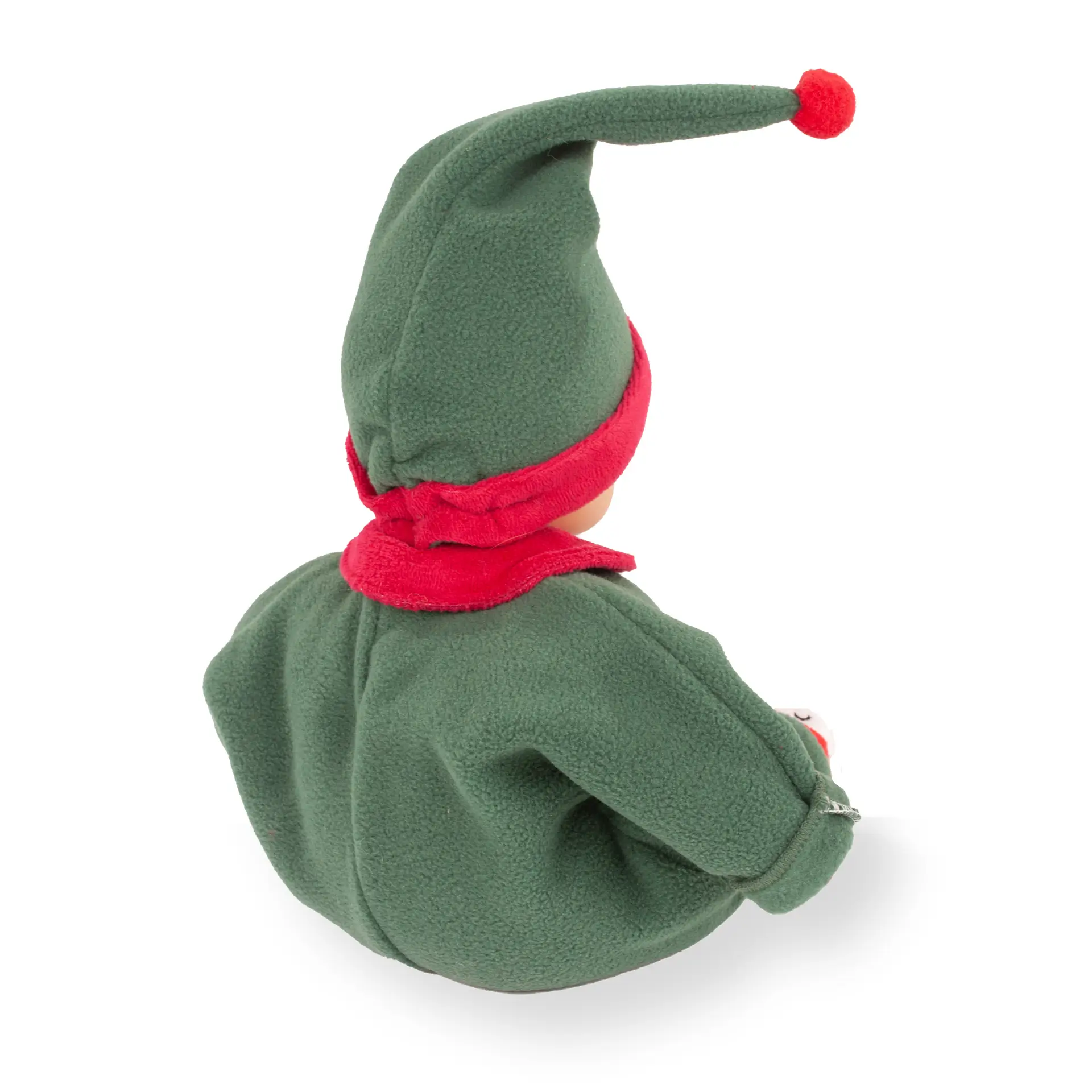 2520575 Muffin Christmas Candy Babypuppe von Goet Babypuppe Gr. 30-33 cm ohne Haare mit braunen Schlafaugen im gruen-roten Fleece-Anzug. Die Puppe traegt noch eine Zipfemuetze und witzige Weihnachtspuschen. Rueckansicht - von Goetz