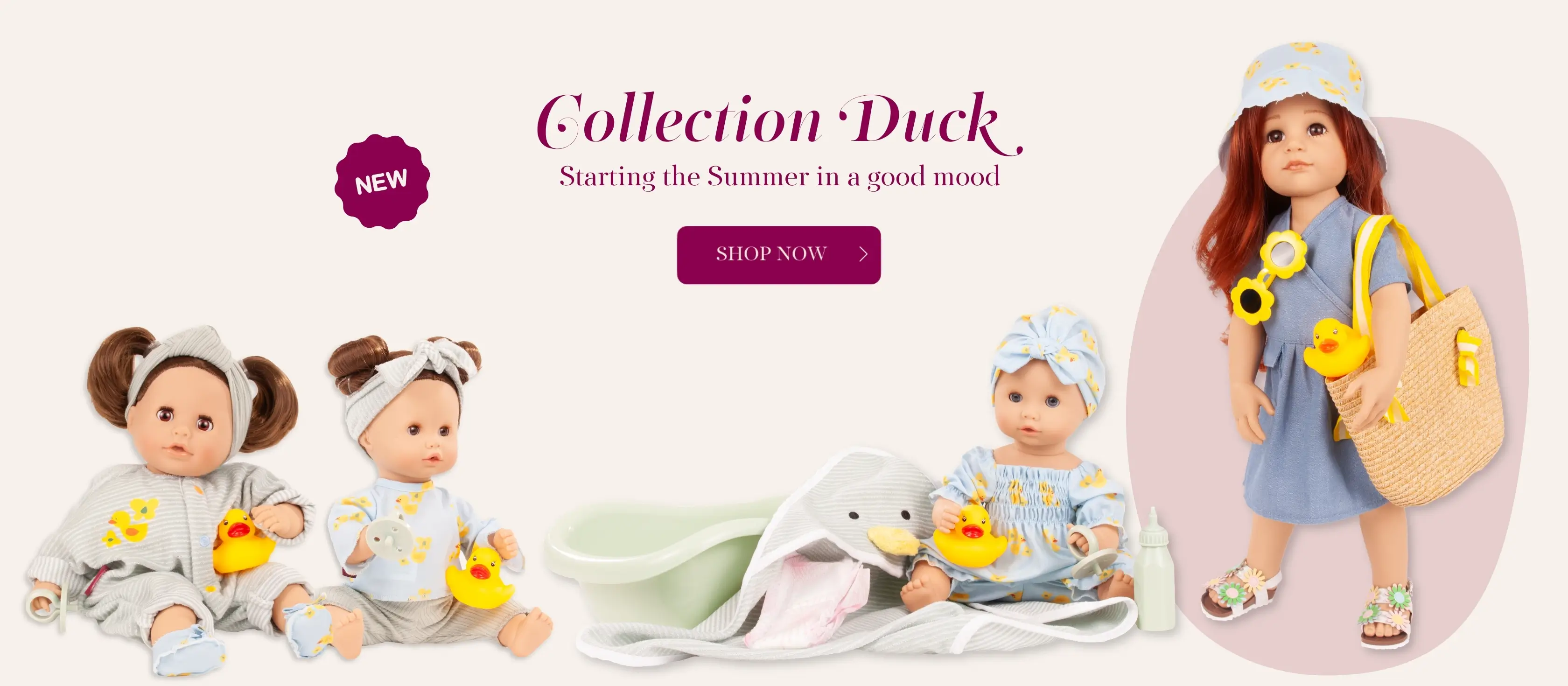 Puppenkollektion Duck Babypuppen Gr. 30-33 cm und Stehpuppe 45-50 cm mit Entenmotiv von Goetz