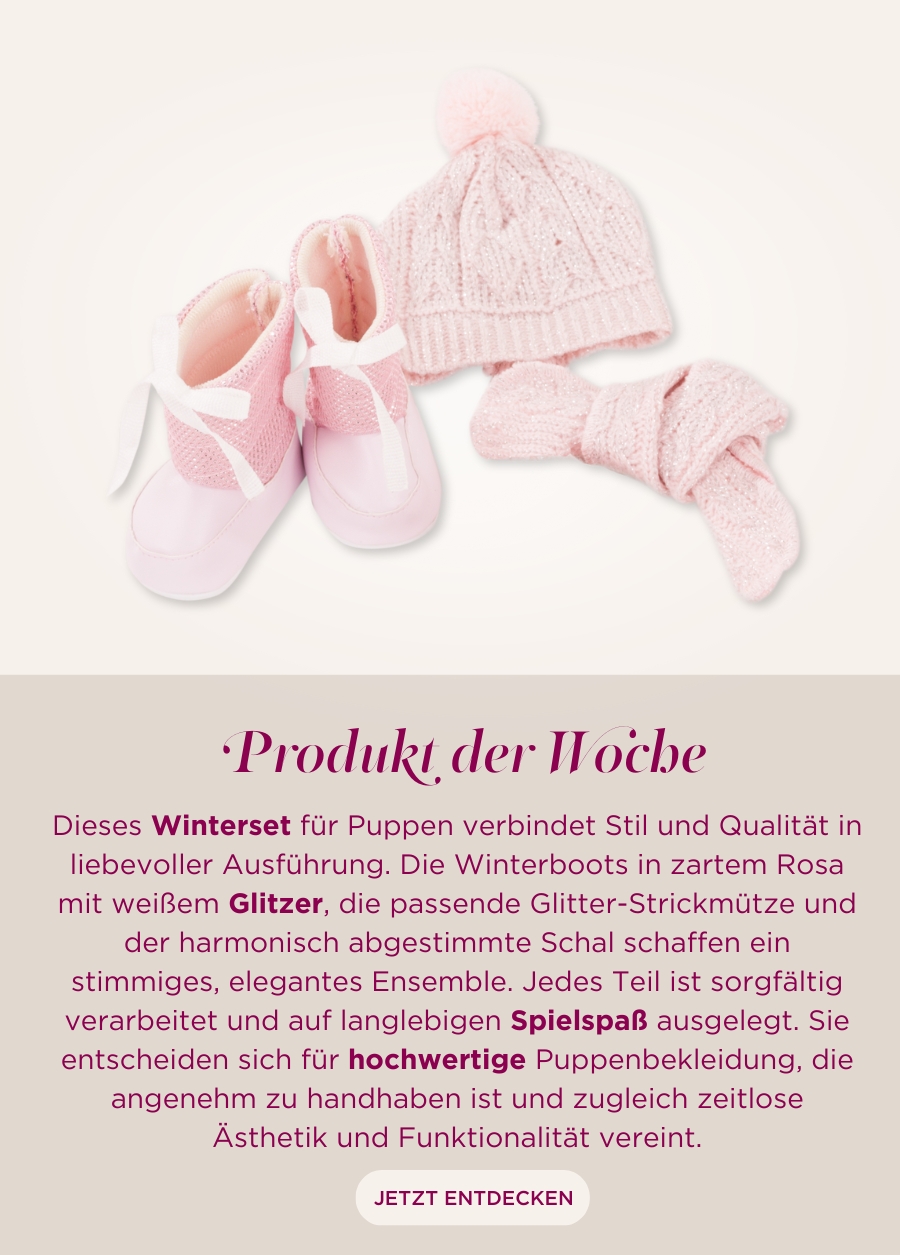 Set für Stehpuppe Gr. 45-50 cm und Babypuppe Gr. 42-46 cm. Winterboots mit Strickmuetze und Strickschal in rosa-weißem Glitzer von Goetz