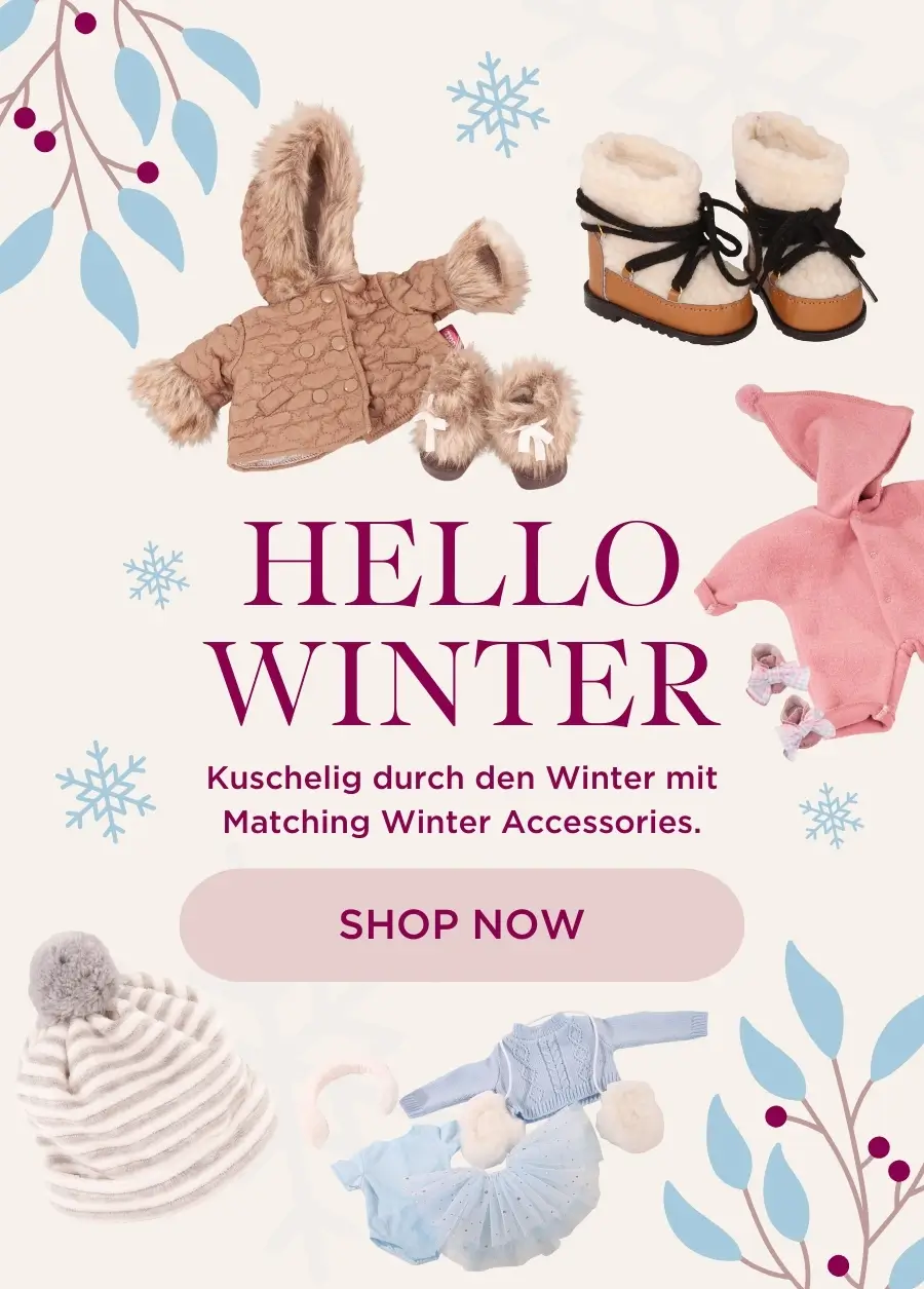 Kuschelige Winter Accessoires fuer Babypuppen und Stehpuppen mit Winterstiefeln, Muetze, Winterjacke, Babyanzug und Eislaufbekleidung
