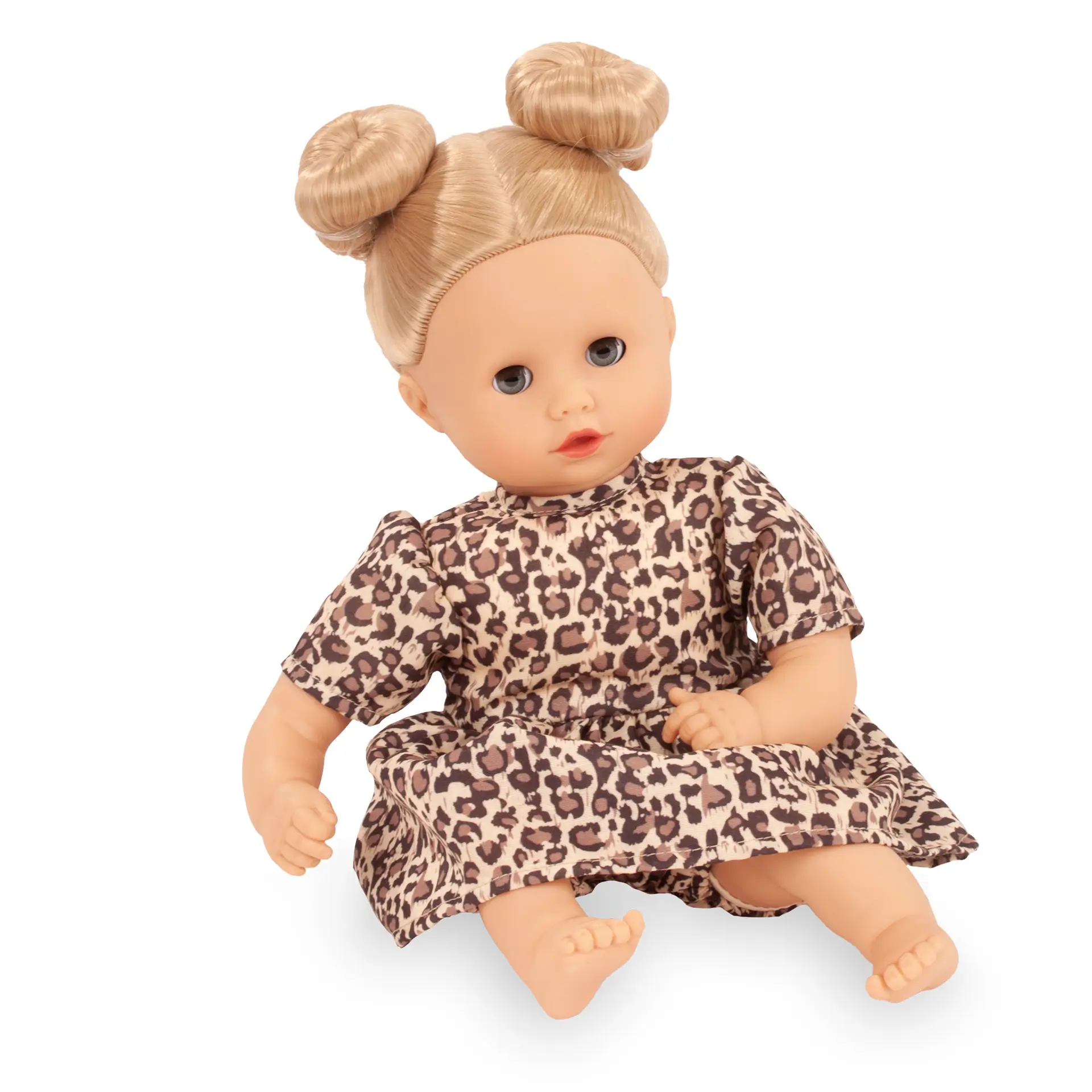 Kleid Tiger Gr. 30-33 cm im Leo-Look in beige-braun, angezogen. Von Goetz