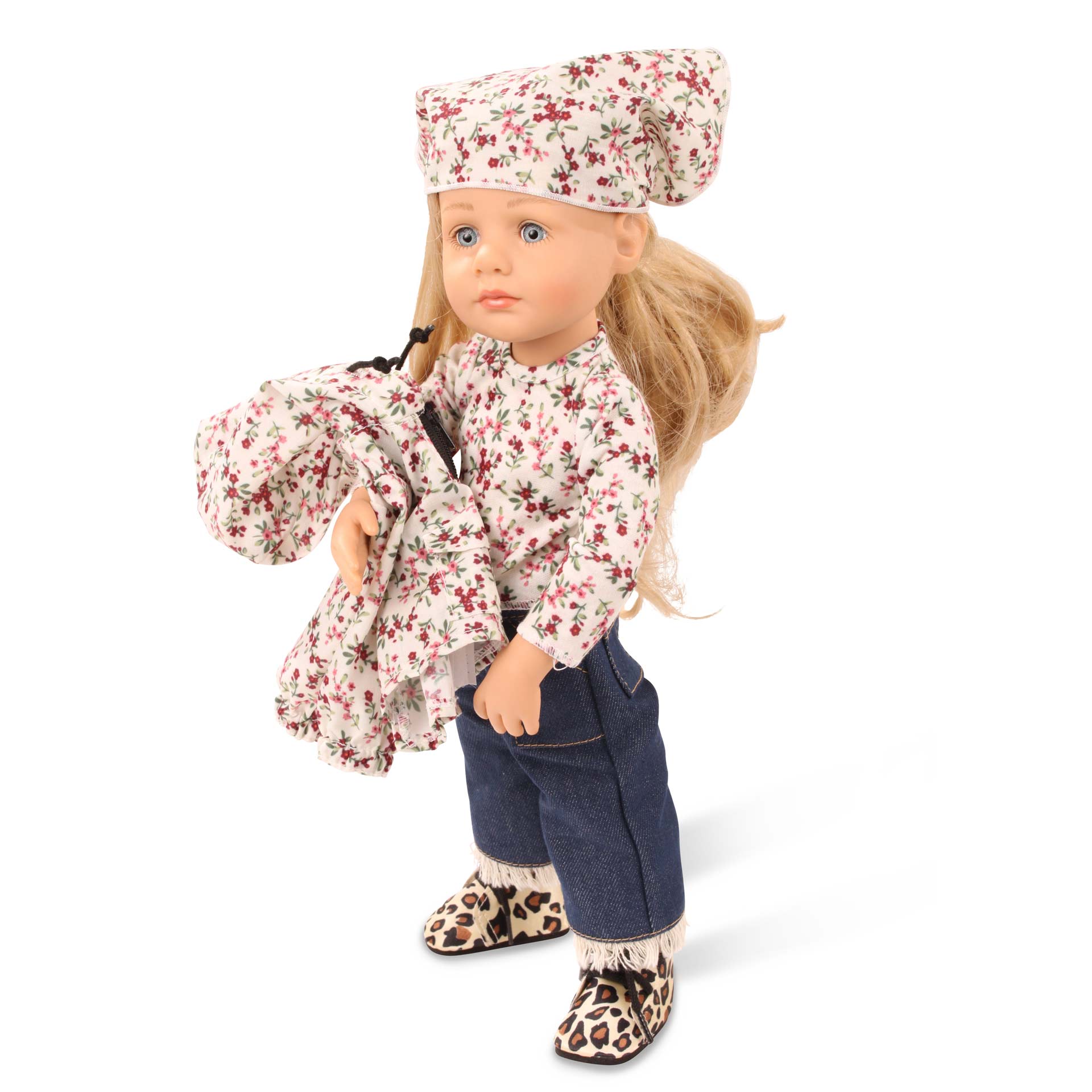 2211026-lotta-mix-and-match-multigelenkstehpuppe-goetz lotta-mix-and-match-multigelenkstehpuppe-oberteil-mit-blumendruck-jeans-schnuerschuhe-im-leo-look-t-shirt-kopftuch-goetz