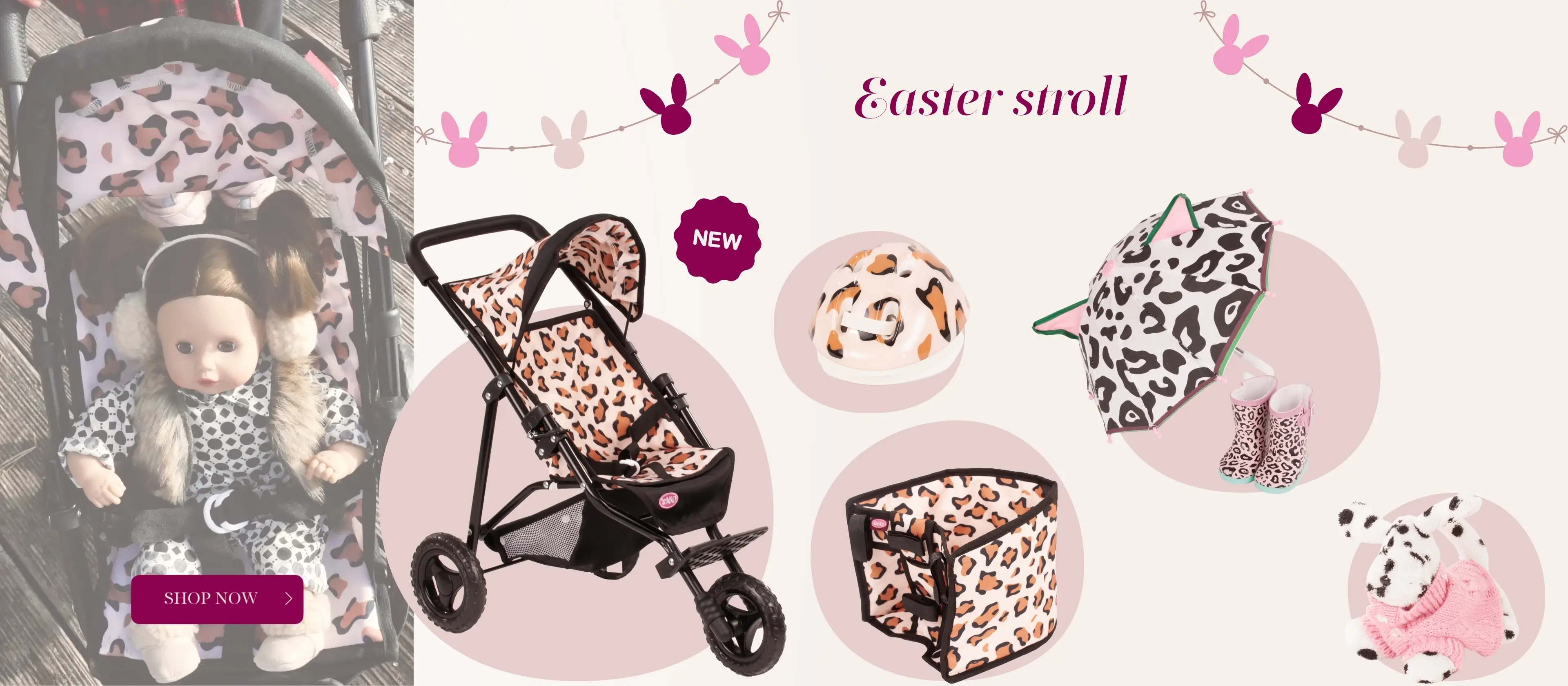 Outdoorzuebehoer fuer Baby- und Stehpuppe. Puppenbuggy im Leo-Look, Fahrradsitz, Radhelm, ein Plueschhund und ein Regenschirm mit Regenstiefeln von Goetz