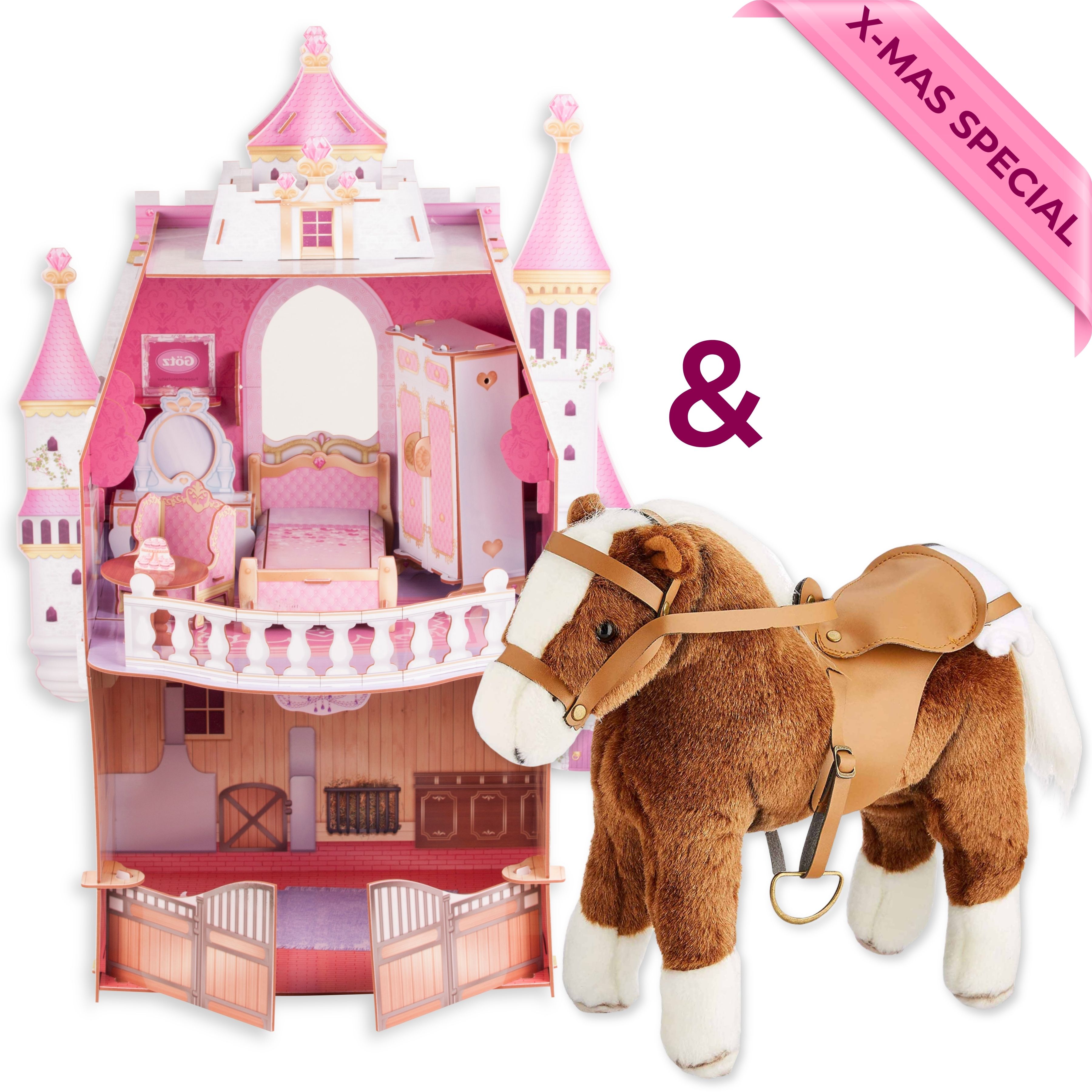 Geschenkset mit einem Plueschpferd, dazu ein Puppenschloss für kleine Stehpuppen mit Puppenmoebeln von Goetz