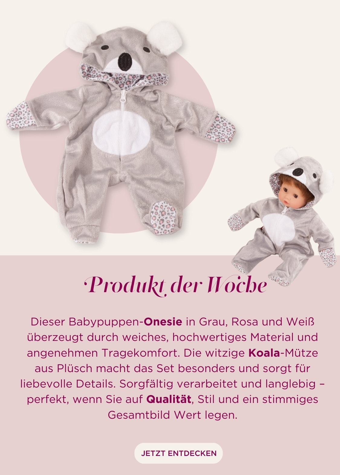 Onesie für Babypuppen Gr. 30-33 cm in grau-weiss mit Koala-Kopf Muetze und kuscheligem Stoff von Goetz