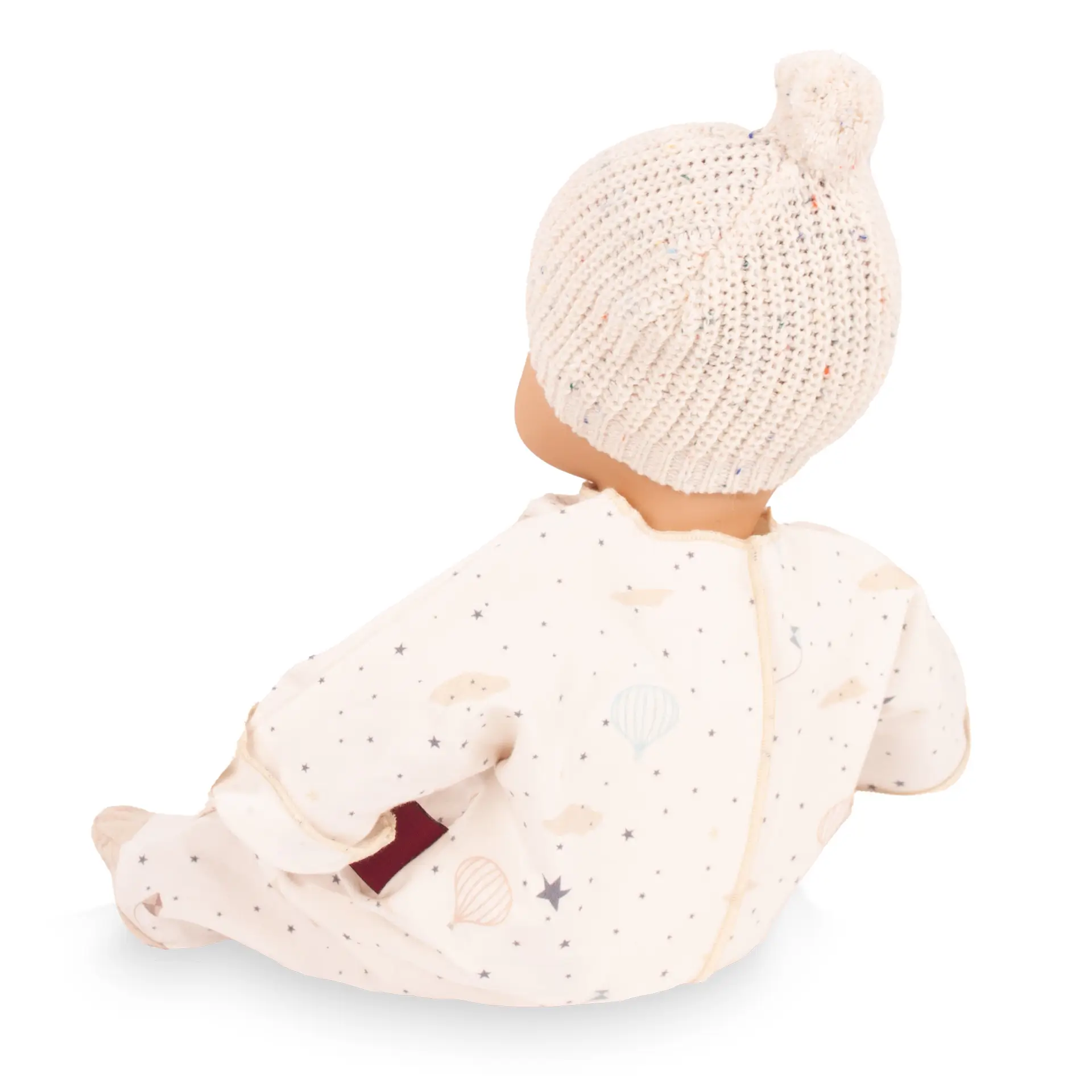 Kombi Strampler mit Strickmuetze Gr. 30-33 cm in beige mit Sternen und Ballons als Aufdruck, dazu eine Strickmuetze, angezogen. Von Goetz