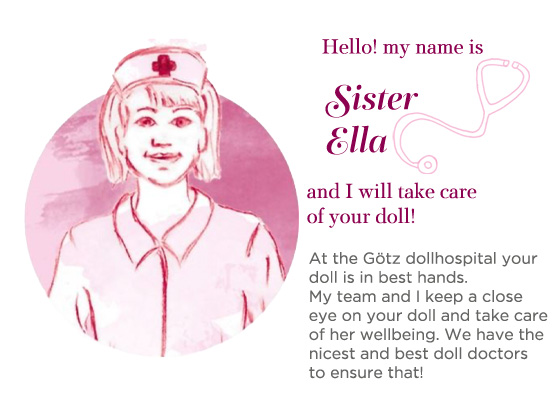 Sister Ella Illustration of Nurse Ella from the doll hospital with text saying that she lovingly cares for sick dolls