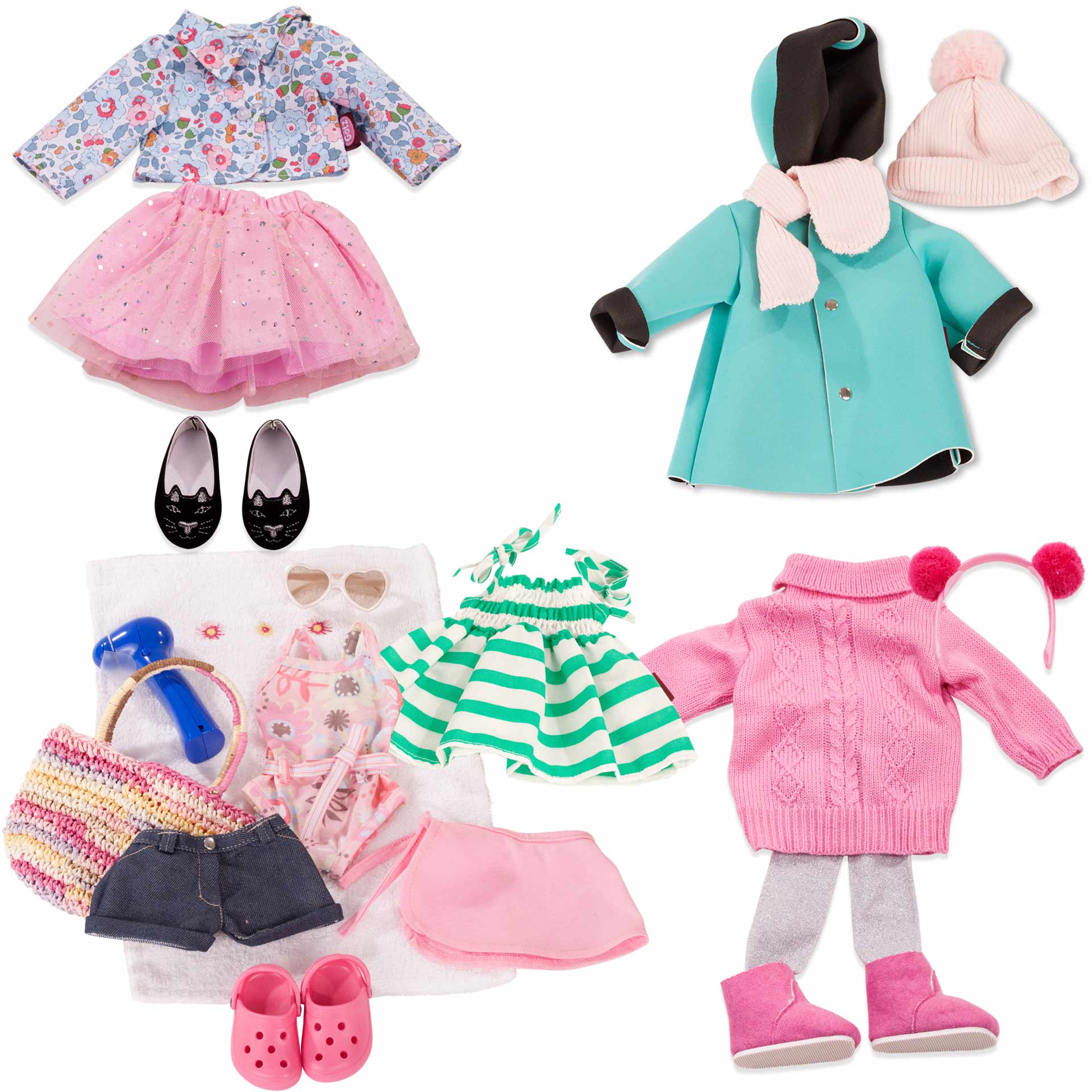 set-all-year-round-bekleidung-goetz-tuellrock-glitzerrock-jacke-ballerinas-neoprenjacke-strickmuetze-schal-strickpullover-haarreif-glitzerstrumpfhose-boots-dollocs-jeans-basttasche-ventilator-badeanzug-badetuch-pareo-sonnenbrille