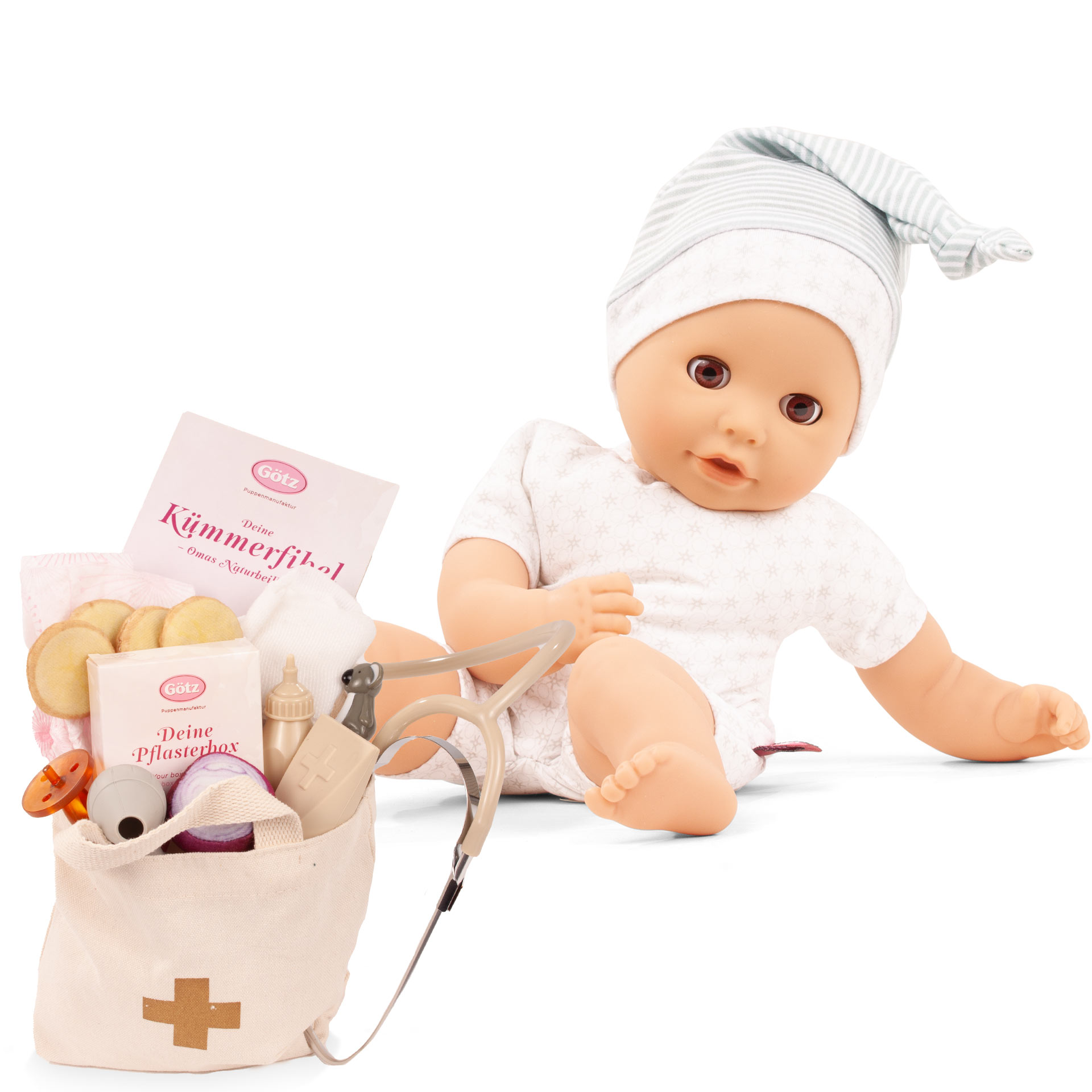 cosy-aquini-be-a-doctor-badebaby-goetz-badepuppe-tasche-stethoskop-heftpflaster-schnuller-binde-wickel-kuemmerfibel-trinkflasche-braune-schlafaugen