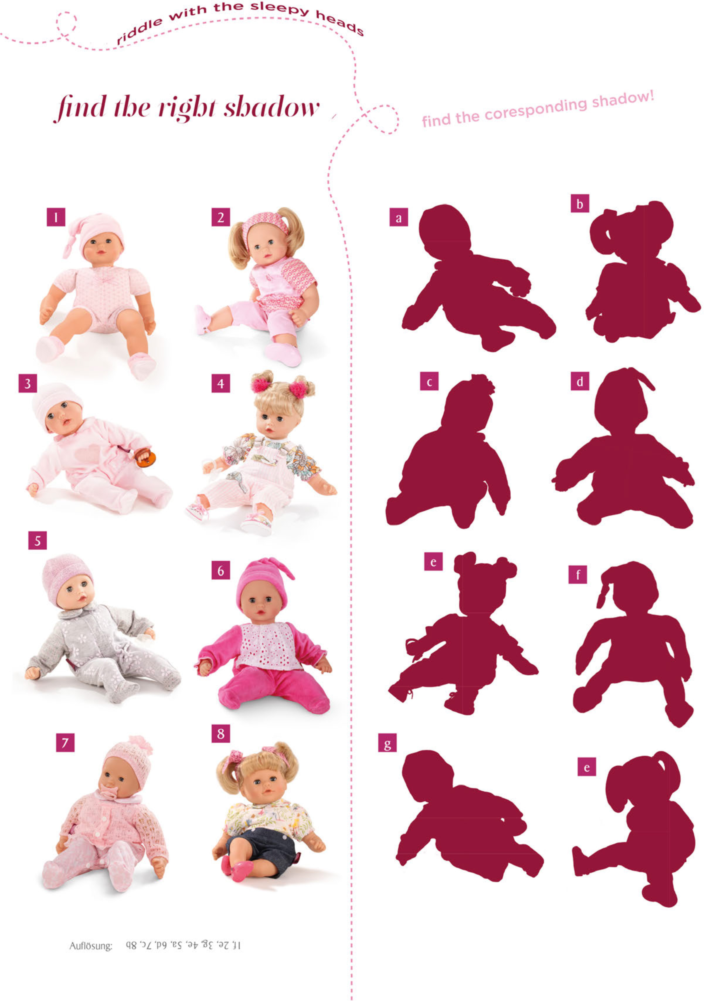 Riddle sheet with baby dolls and their shadows to match