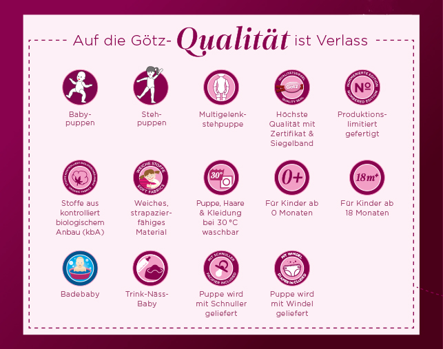Siegel Icons Goetz Qualitaet Das Bild zeigt 14 Goetz-Qualitaetssiegel, die die hohen Qualitaetsstandards der Goetz Puppen repraesentieren. Jedes Siegel steht fuer ein spezifisches Merkmal der Produktqualitaet und -sicherheit