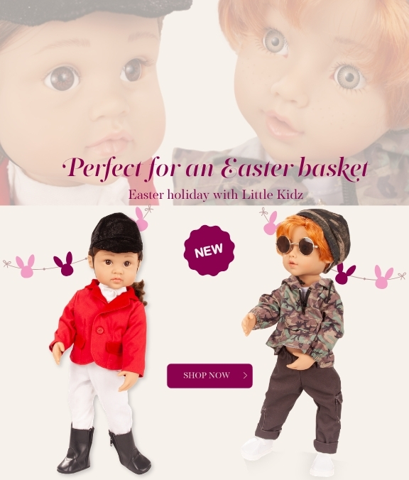 Multigelenkstehpuppen Gr. 36 cm. Ein Girl im Reitoutfit mit braunen Augen und braunem Haar und ein Junge in camouflage-Kleidung mit rotem Haar von Goetz