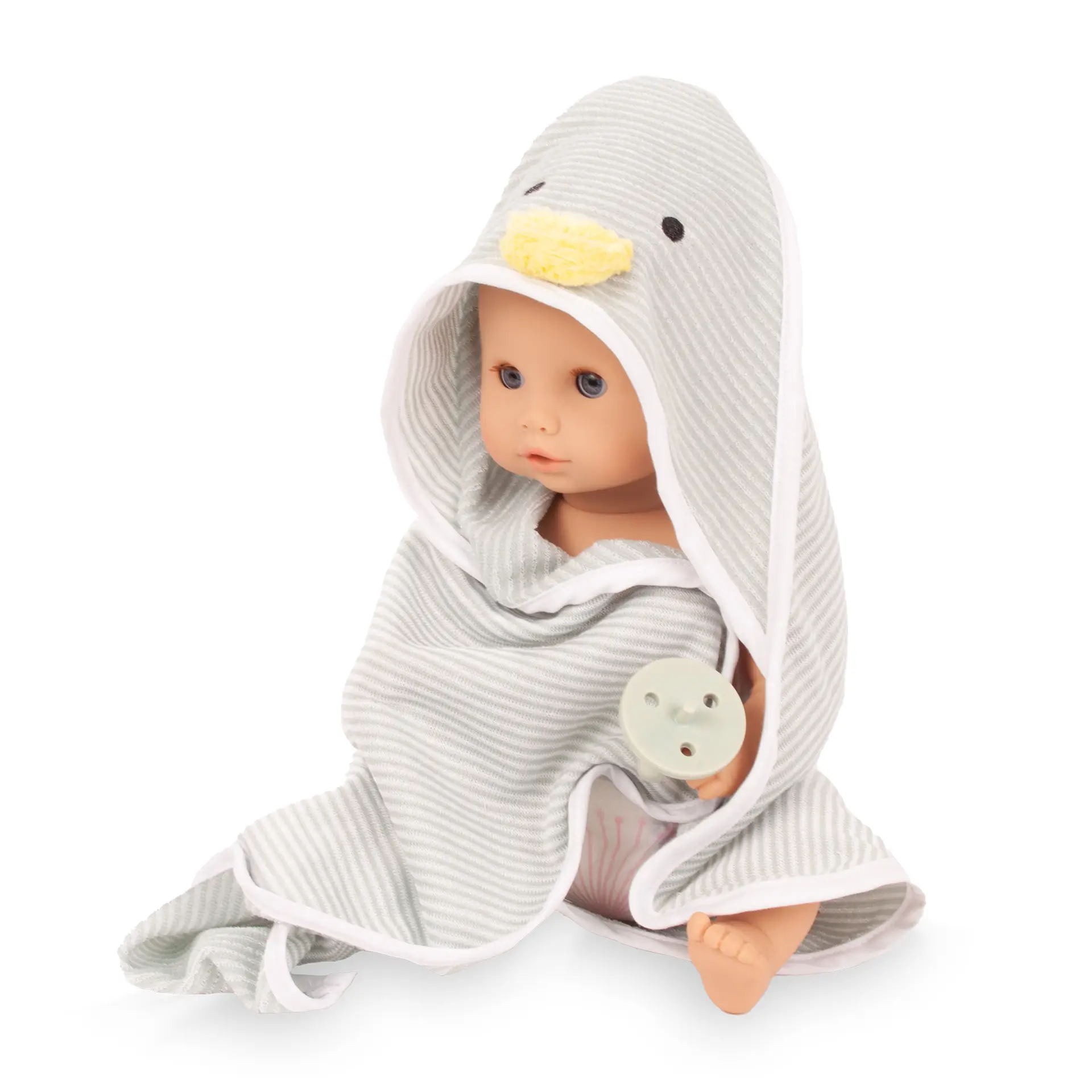 Badepuppe Gr. 30-33 cm mit blauen Schlafaugen, ohne Haare, Trink- und Toepfchenfunktion im Kapuzen-Badetuch, Windel und Schnuller von Goetz