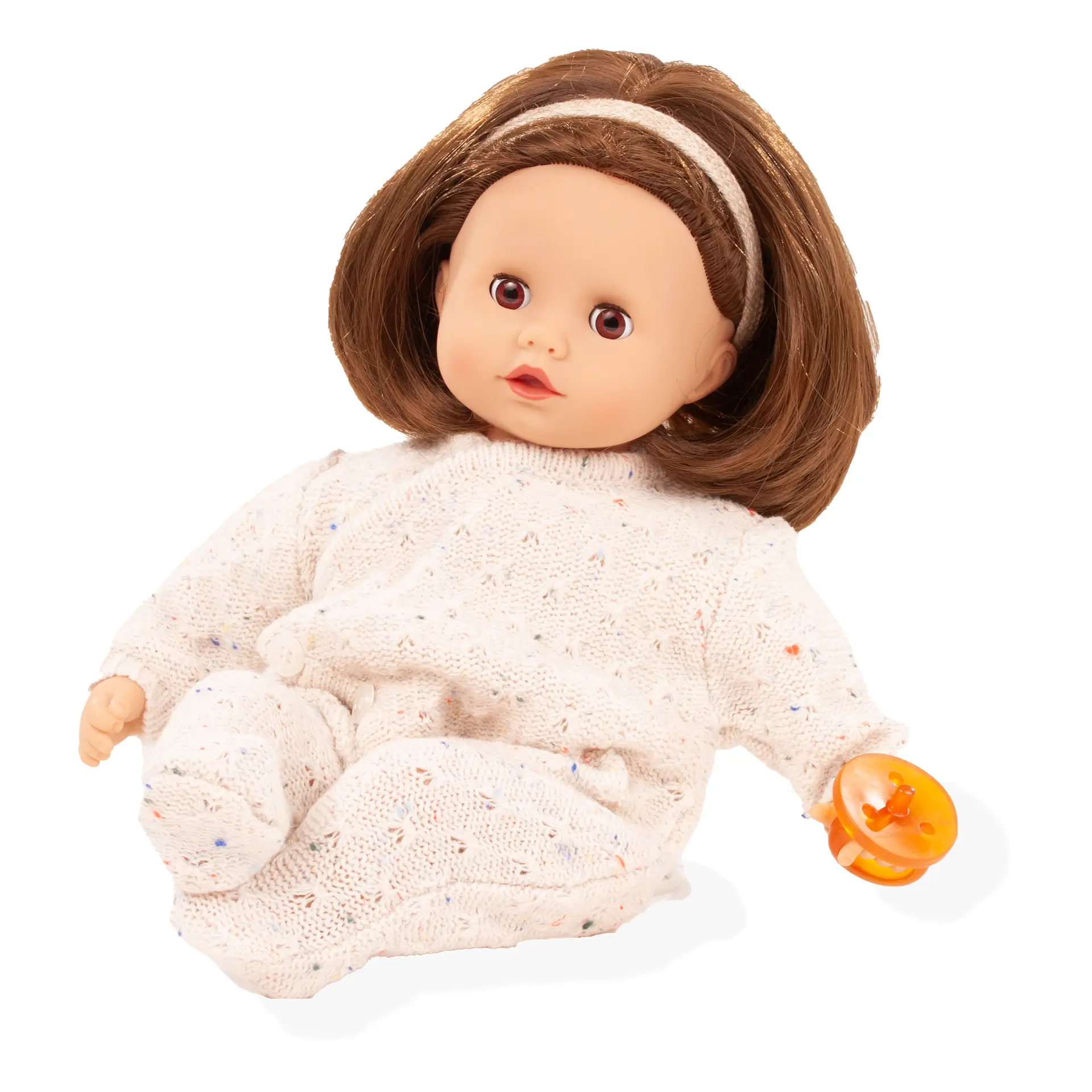 muffin-alles-strick-babypuppe-goetz-braunhaarig-schlafaugen-braune-augen-strickanzug-schnuller-haarband