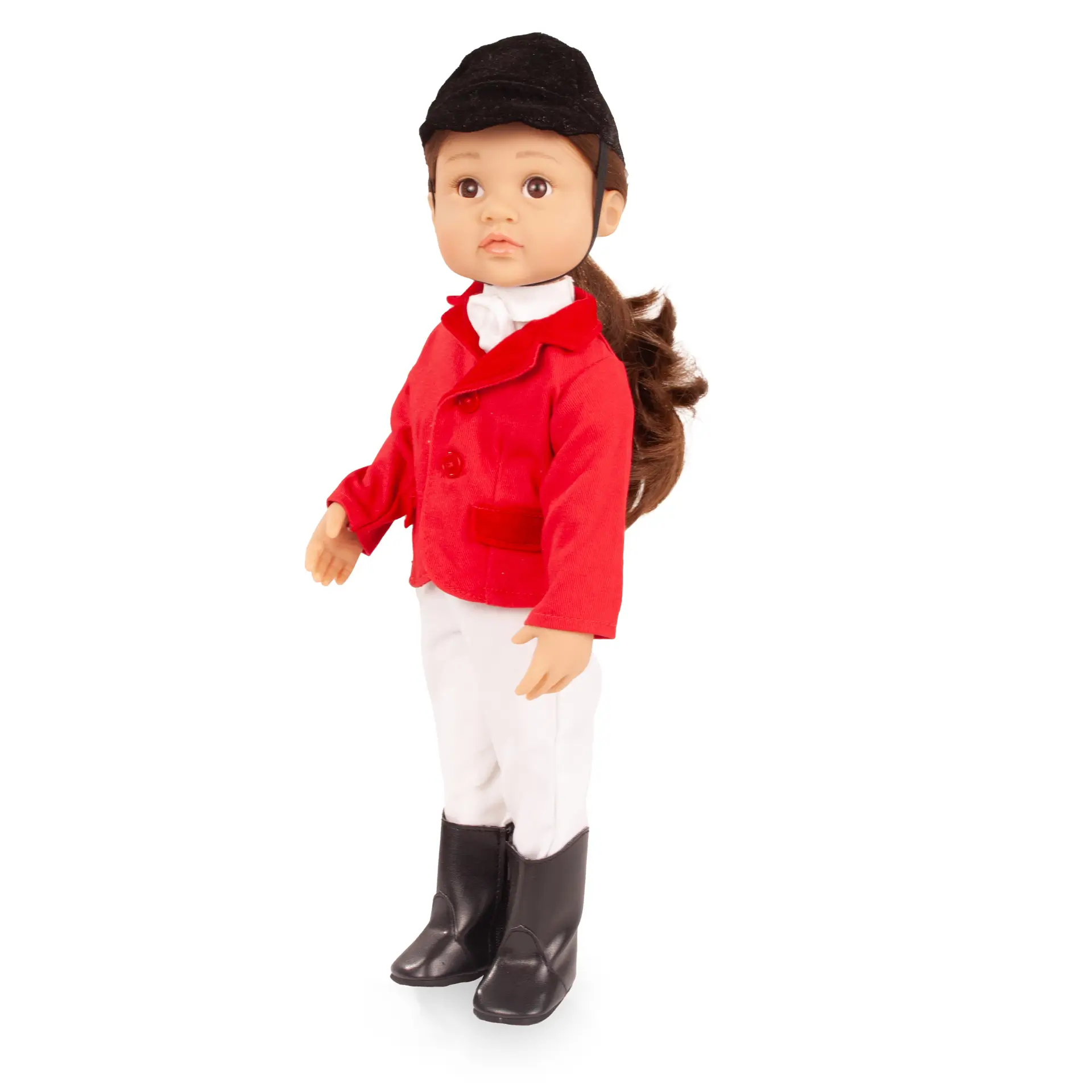 Stehpuppe Gr. 36 cm mit braunem, langen Haar und braunen Augen. Sie traegt Reitturnierkleidung mit roter Jacke, Shirt, weisser Reithose, Plastron, Reitcappy und Reitstiefeln von Goetz