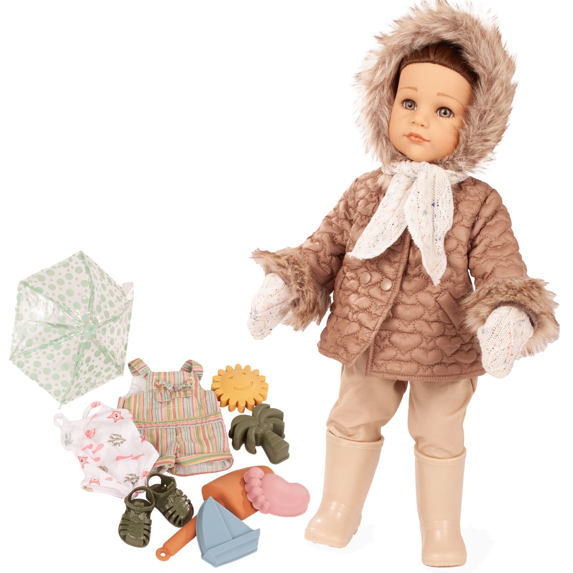 2559012-hannah-every-season-multigelenkstehpuppe-goetz hannah-every-season-multigelenkstehpuppe-goetz-sandspielzeug-schirm-badeanzug-latzhose-schaufel-sandformen-sandalen-steppjacke-hose-stiefel-schal