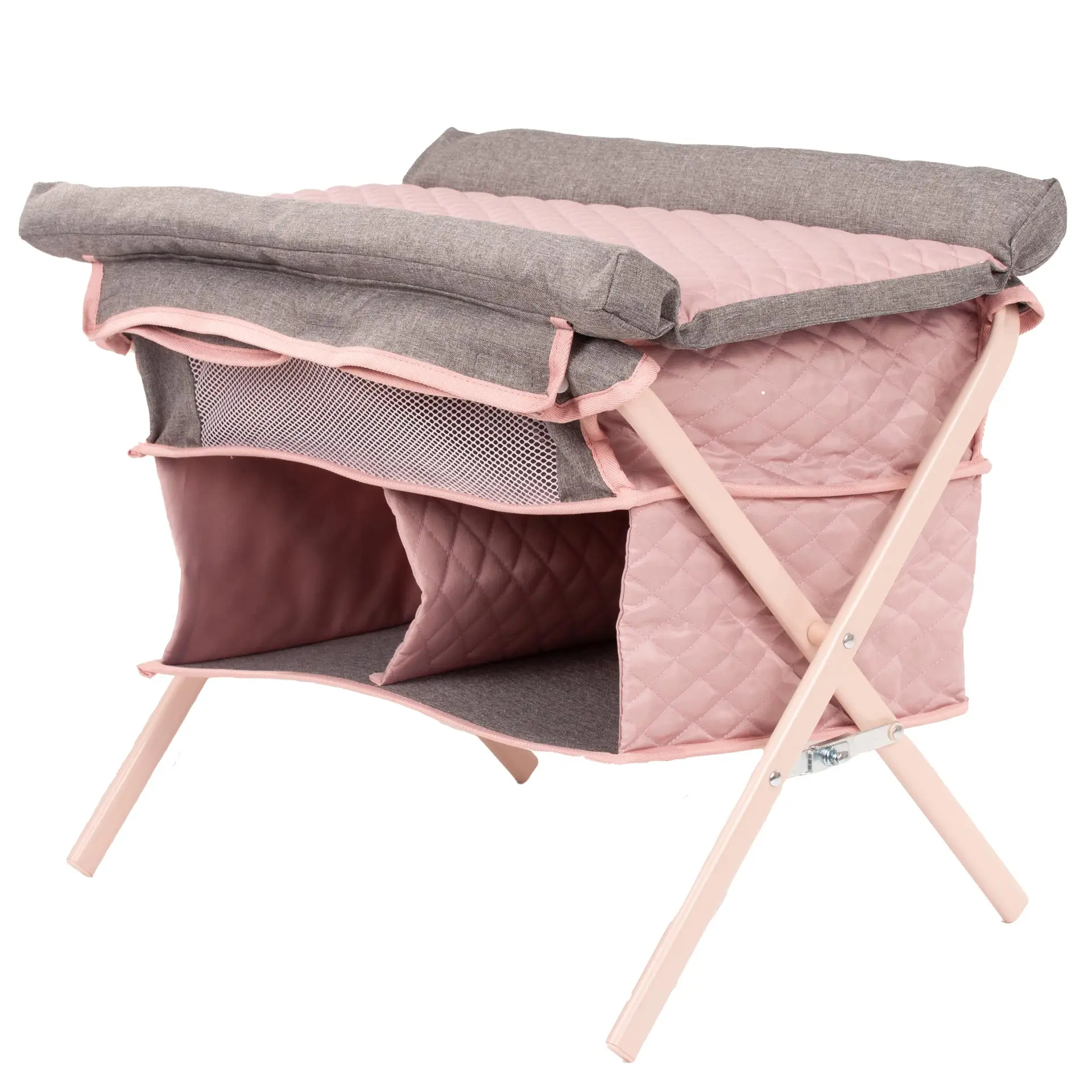 3403614 Babybett und Wickeltisch Soft Mood von Goetz Babybett und Wickeltisch Soft Mood mit Ablagefaechern in pastellrosa mit hellgrau, kann auch als Reisebett dienen von Goetz